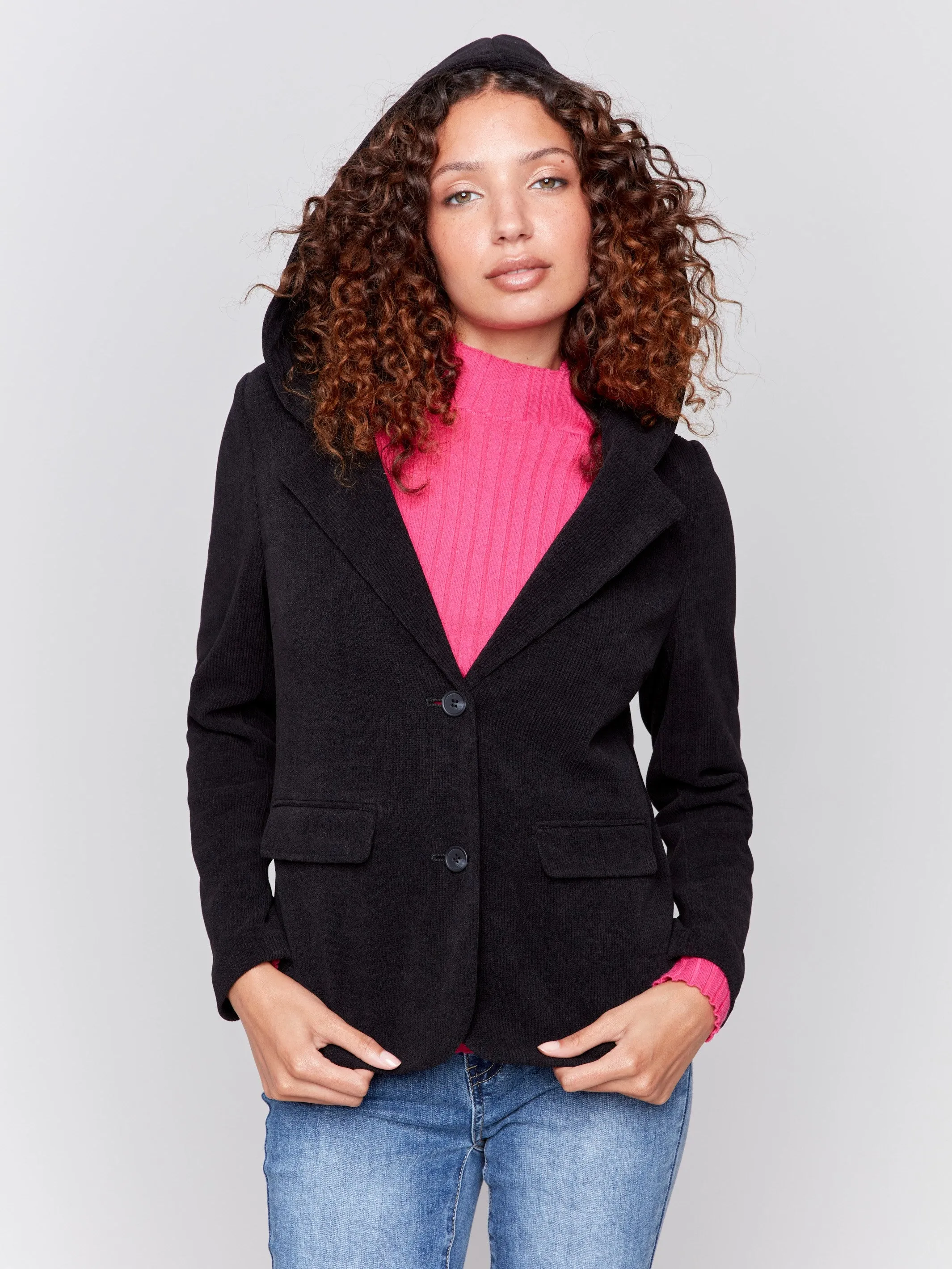 Knit Corduroy Blazer with Hood - Black