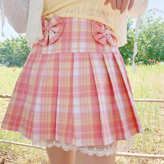 Korean Fashion Statement: Pink Plaid Pleated Short Skirt with Lace & Bow