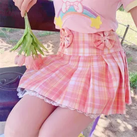 Korean Fashion Statement: Pink Plaid Pleated Short Skirt with Lace & Bow