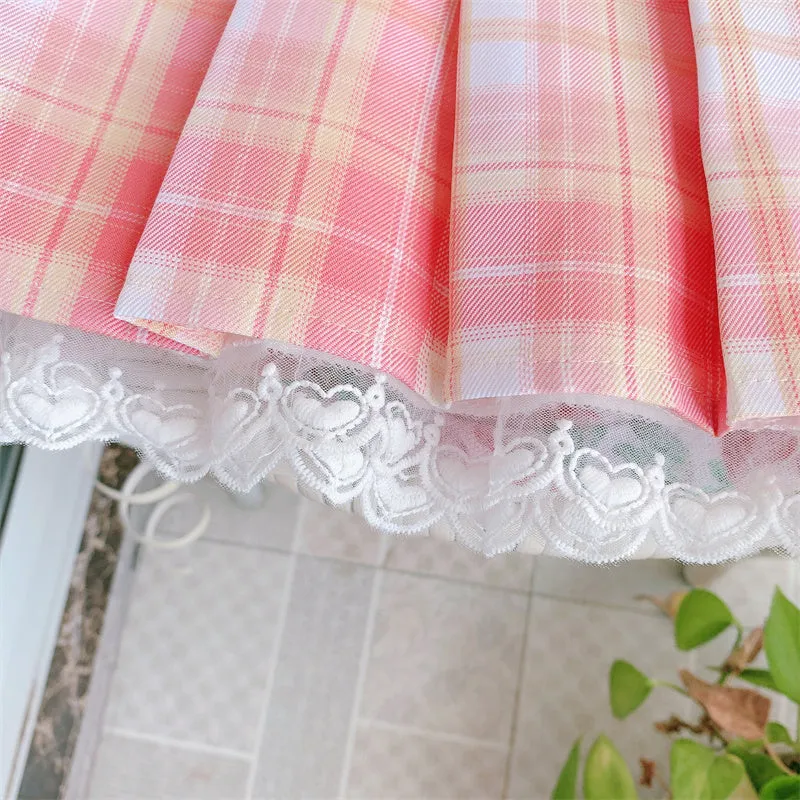 Korean Fashion Statement: Pink Plaid Pleated Short Skirt with Lace & Bow