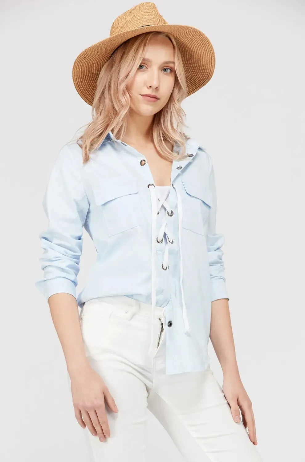 Lace-Up Pocket Blouse for Women