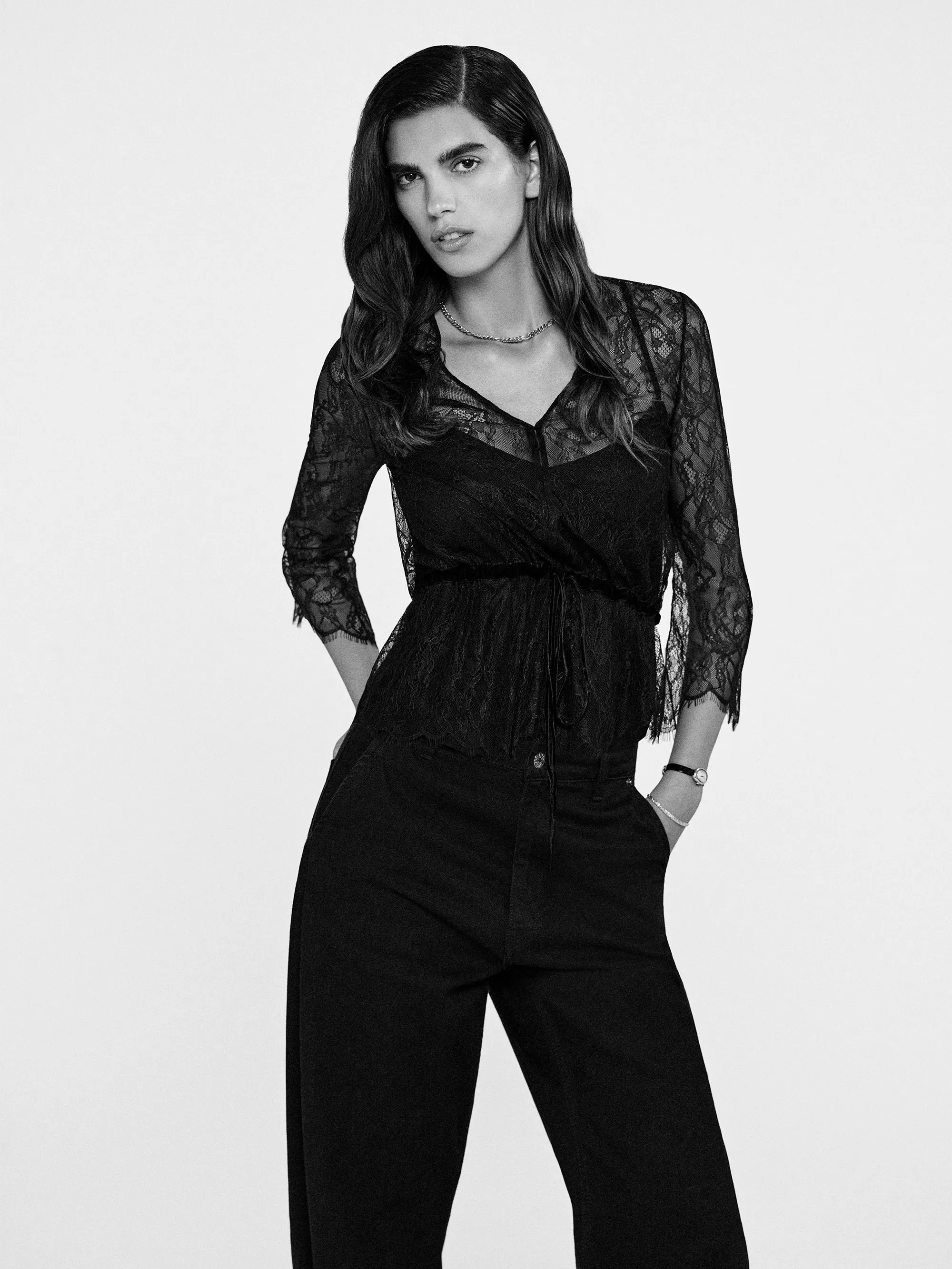 Lace V-Neck Blouse -- Black