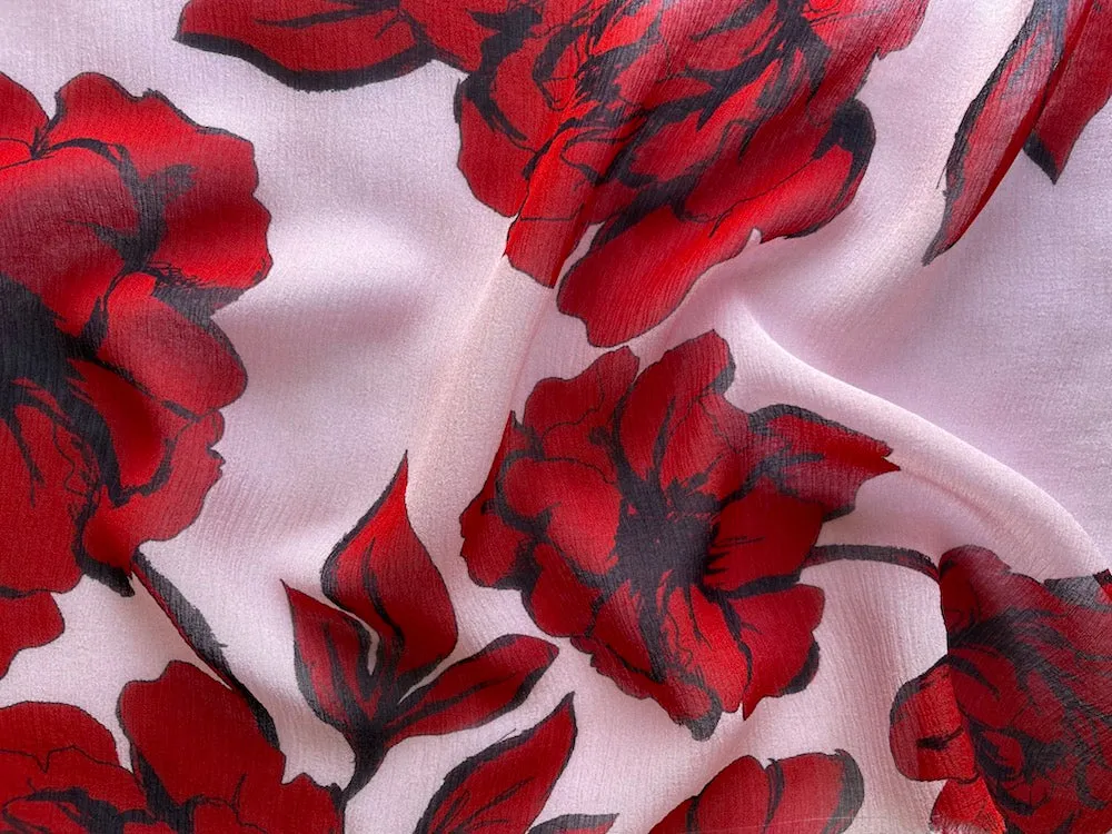 Late-Summer Carmine Peonies Crinkled Silk Chiffon