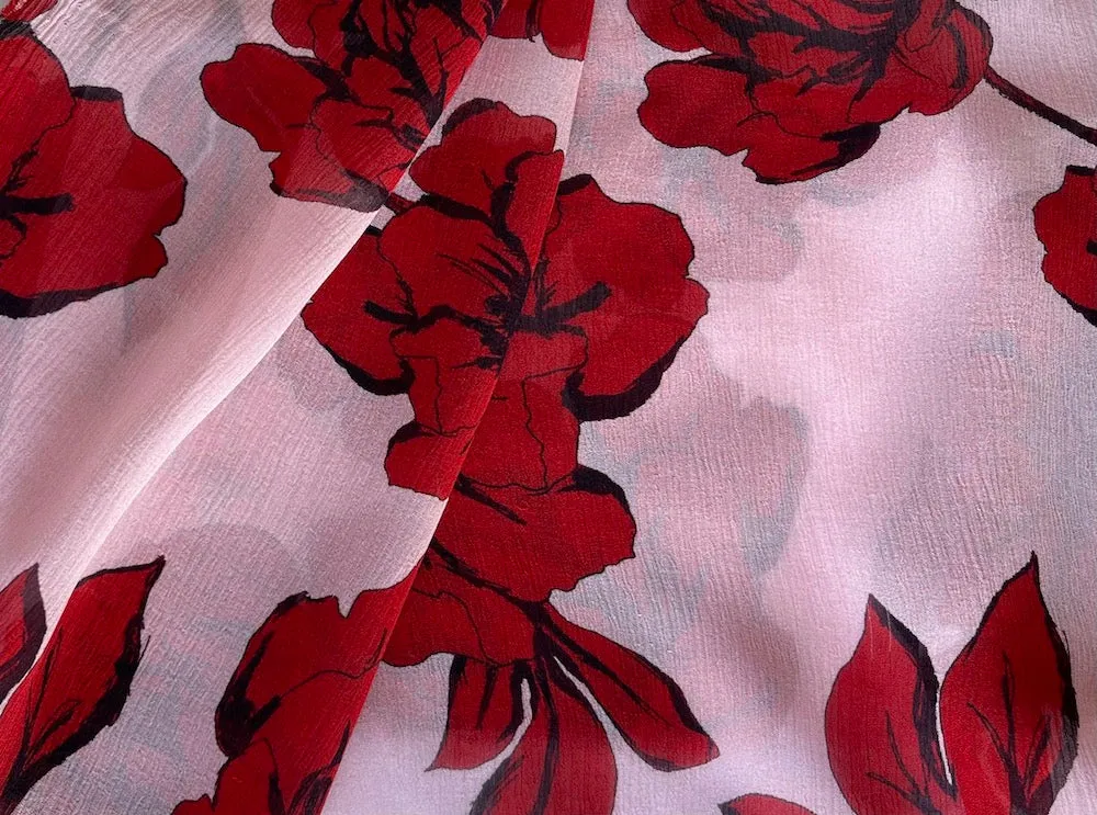 Late-Summer Carmine Peonies Crinkled Silk Chiffon