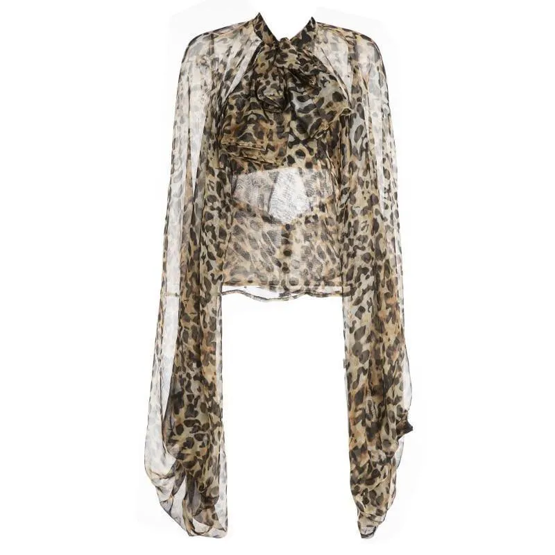 Leopard Lace Up Bow Lantern Sleeve Oversize Blouse