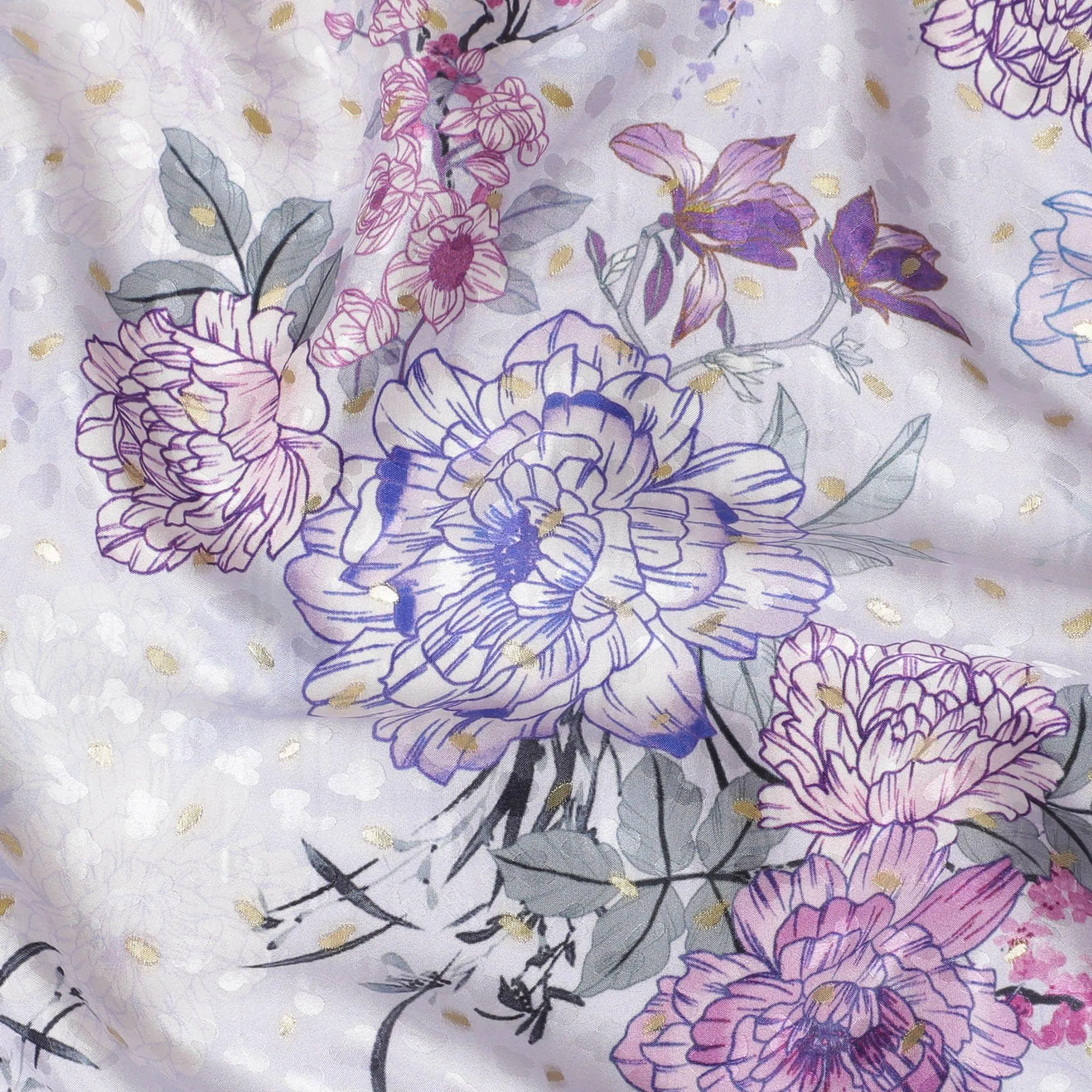 Light lilac Premium pure silk crepe fabric with multicolor print having gold metallic lurex dots in floral design-D15725