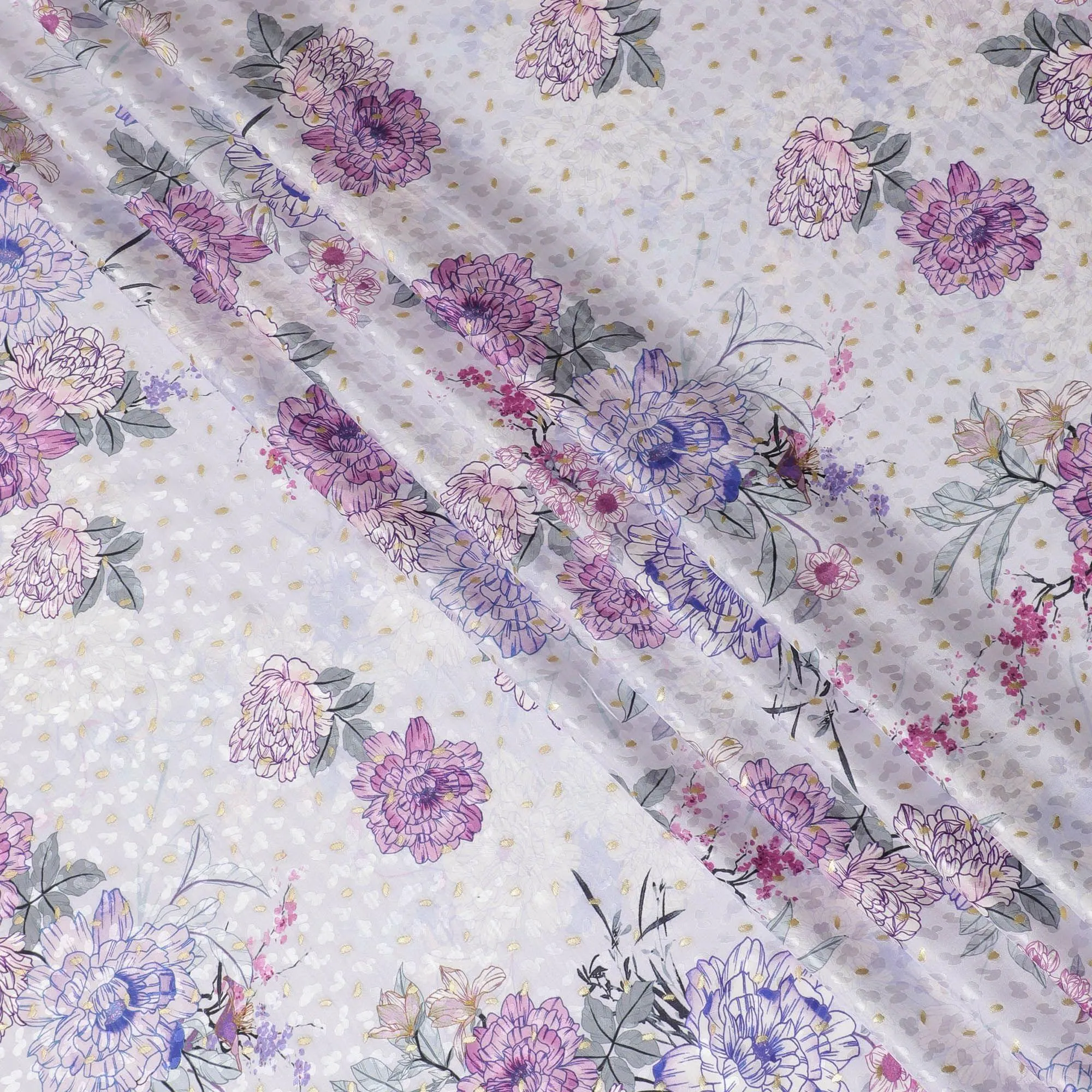 Light lilac Premium pure silk crepe fabric with multicolor print having gold metallic lurex dots in floral design-D15725