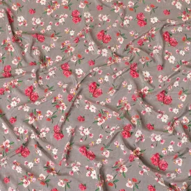 Liver brown premium pure silk crepe fabric with ruby pink, beige and forest green print in floral design-D9394