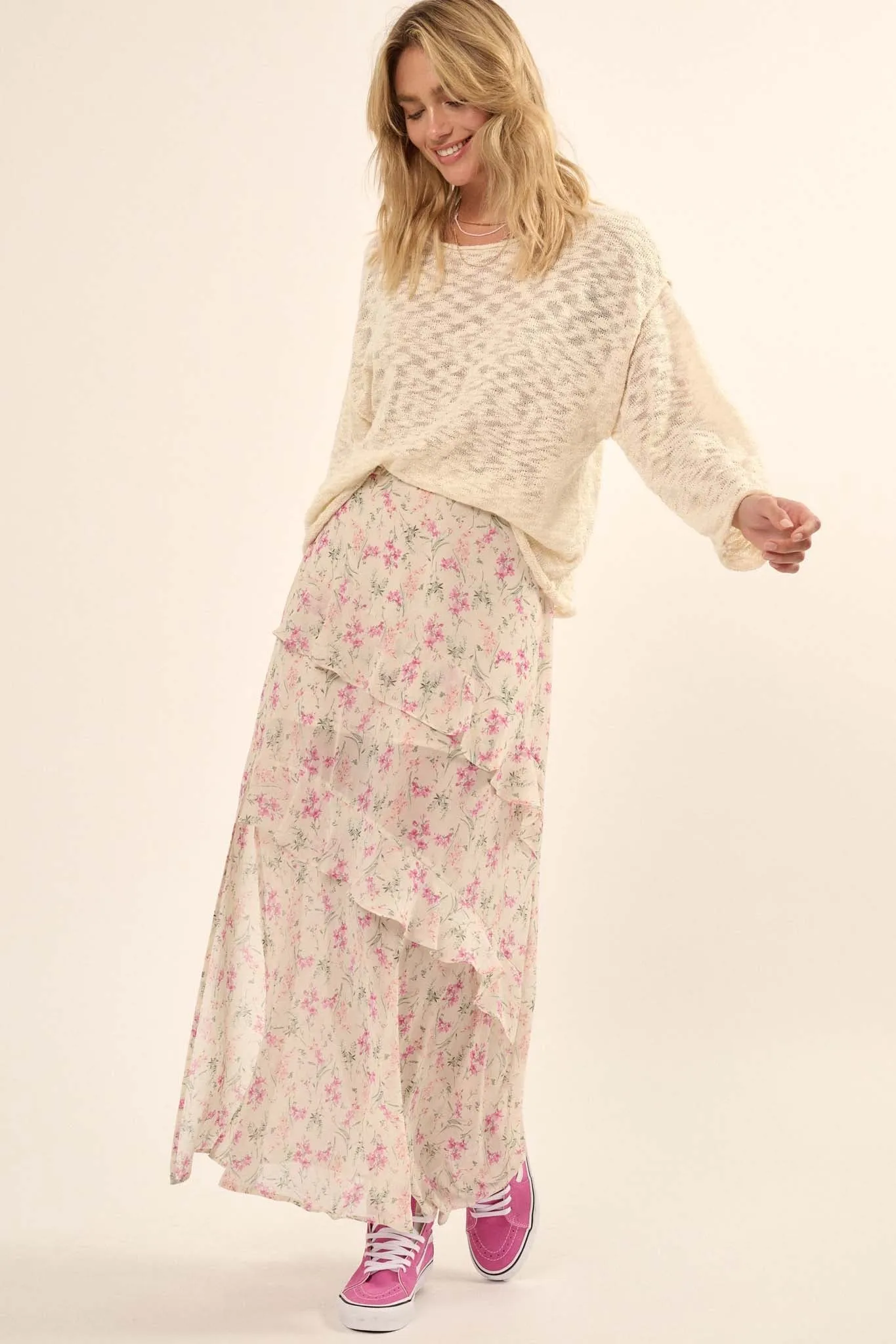 Lovely Lilies Floral Chiffon Ruffled Maxi Skirt