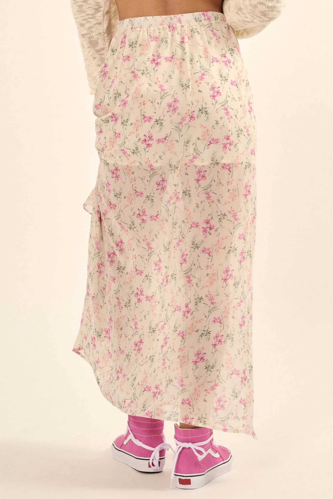 Lovely Lilies Floral Chiffon Ruffled Maxi Skirt