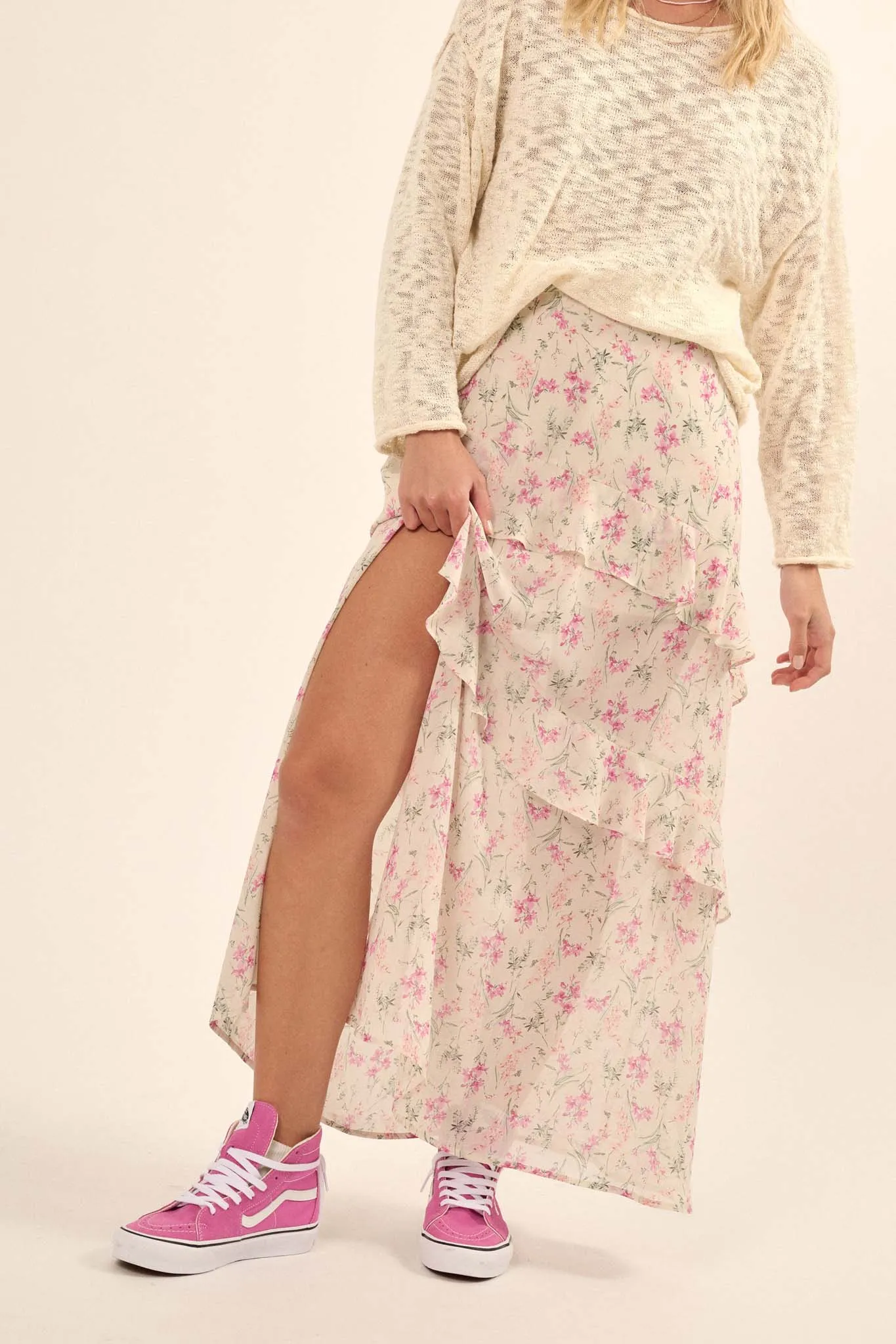 Lovely Lilies Floral Chiffon Ruffled Maxi Skirt