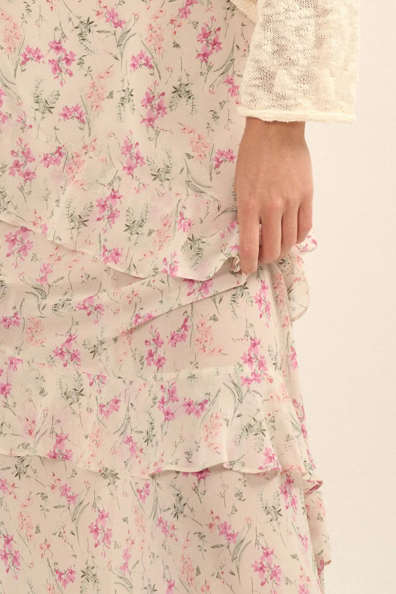 Lovely Lilies Floral Chiffon Ruffled Maxi Skirt