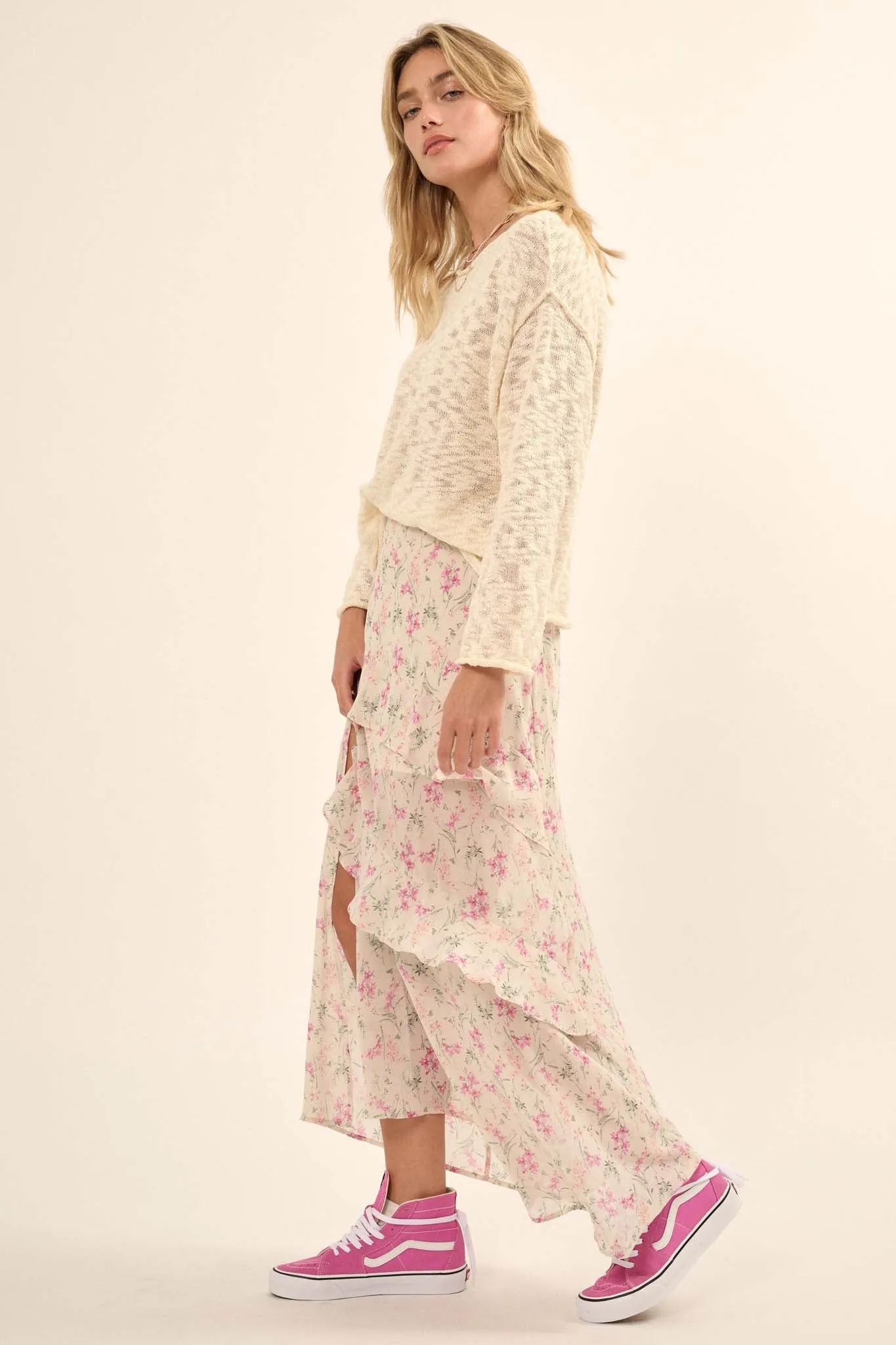 Lovely Lilies Floral Chiffon Ruffled Maxi Skirt