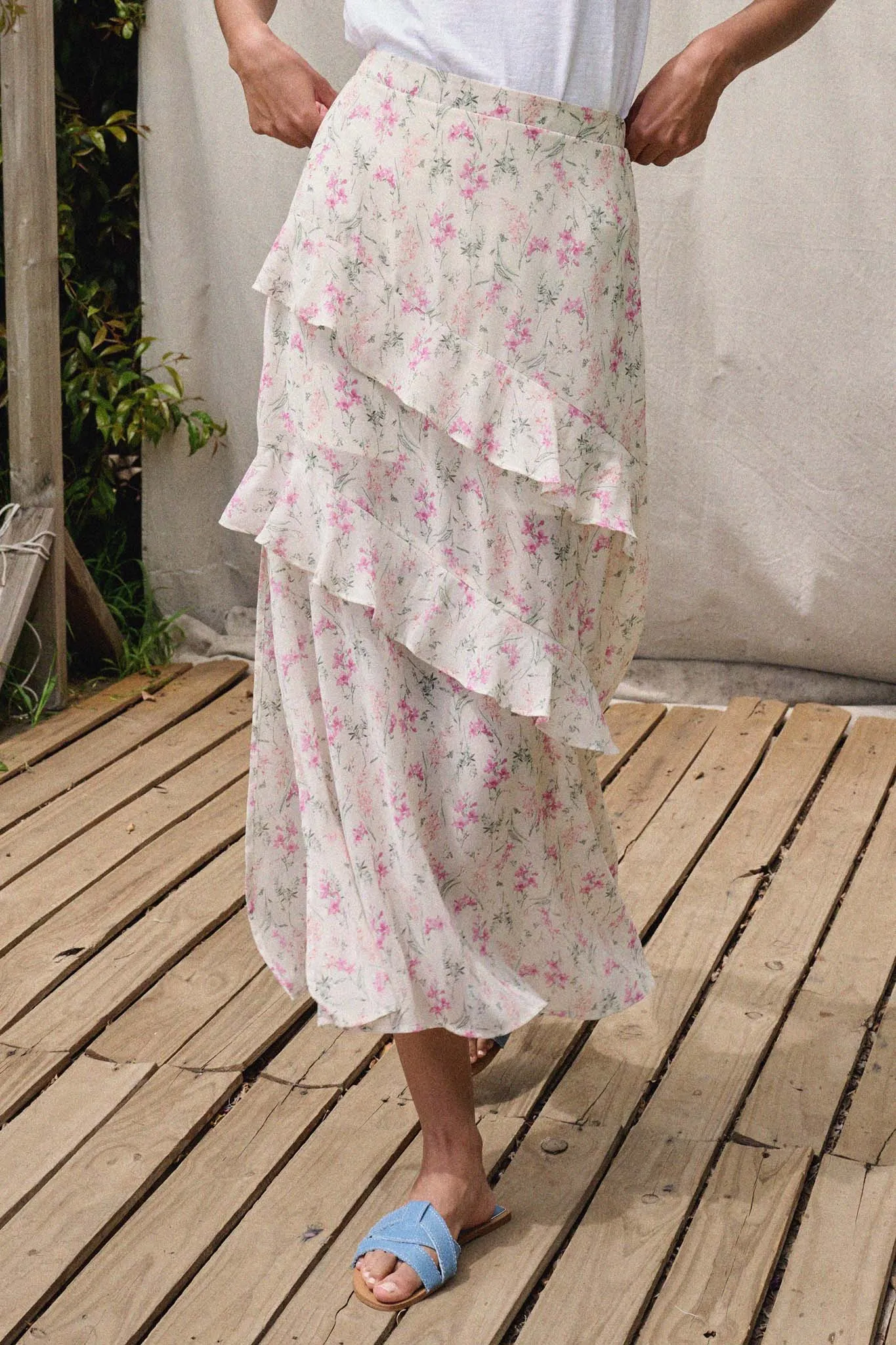 Lovely Lilies Floral Chiffon Ruffled Maxi Skirt