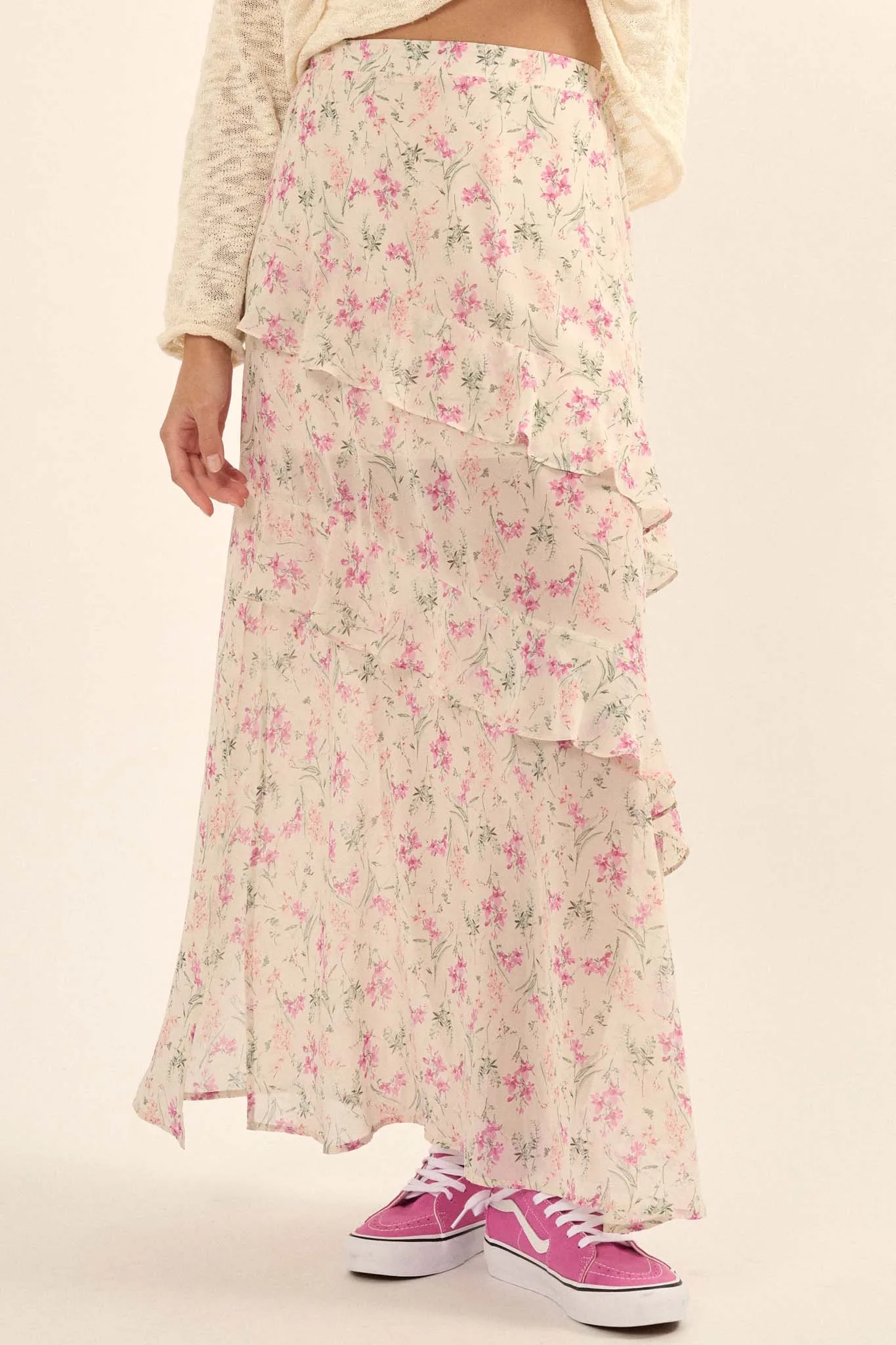 Lovely Lilies Floral Chiffon Ruffled Maxi Skirt