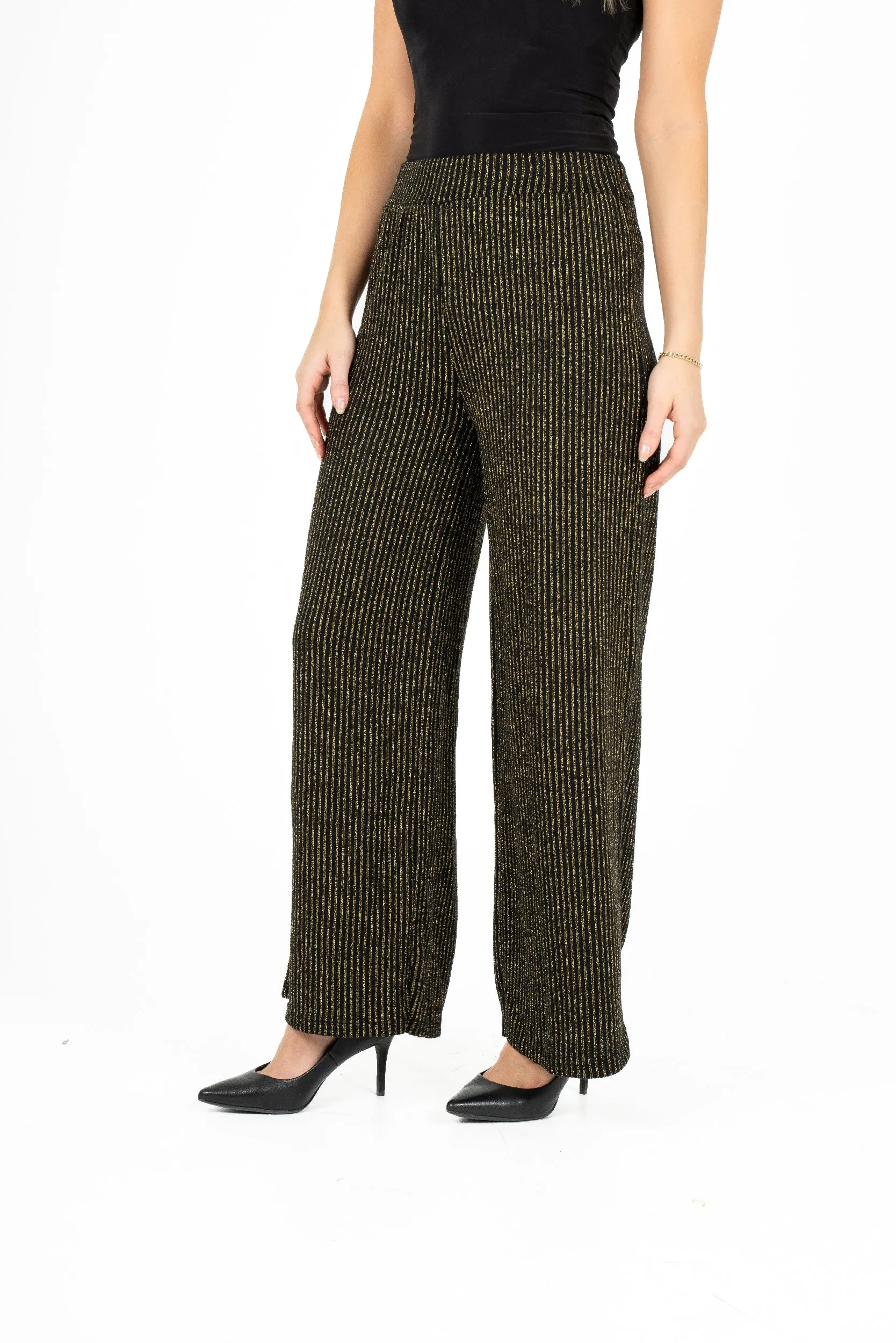 M Made in Italy – Gold Stripe Detail Wide-Leg Knit Pull-On Pants – Black