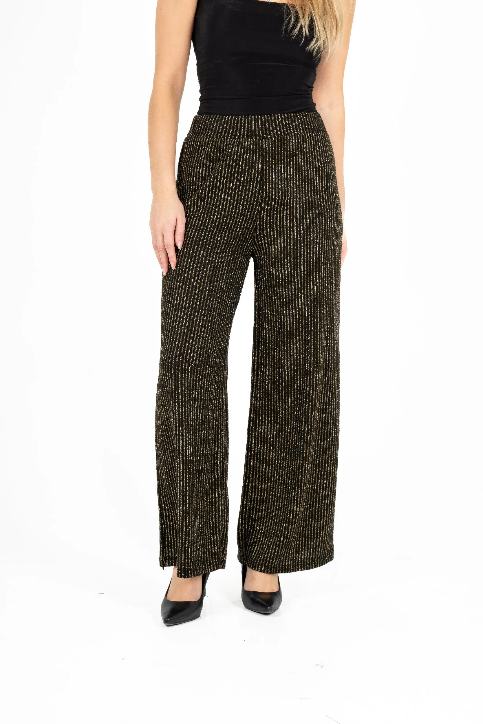 M Made in Italy – Gold Stripe Detail Wide-Leg Knit Pull-On Pants – Black