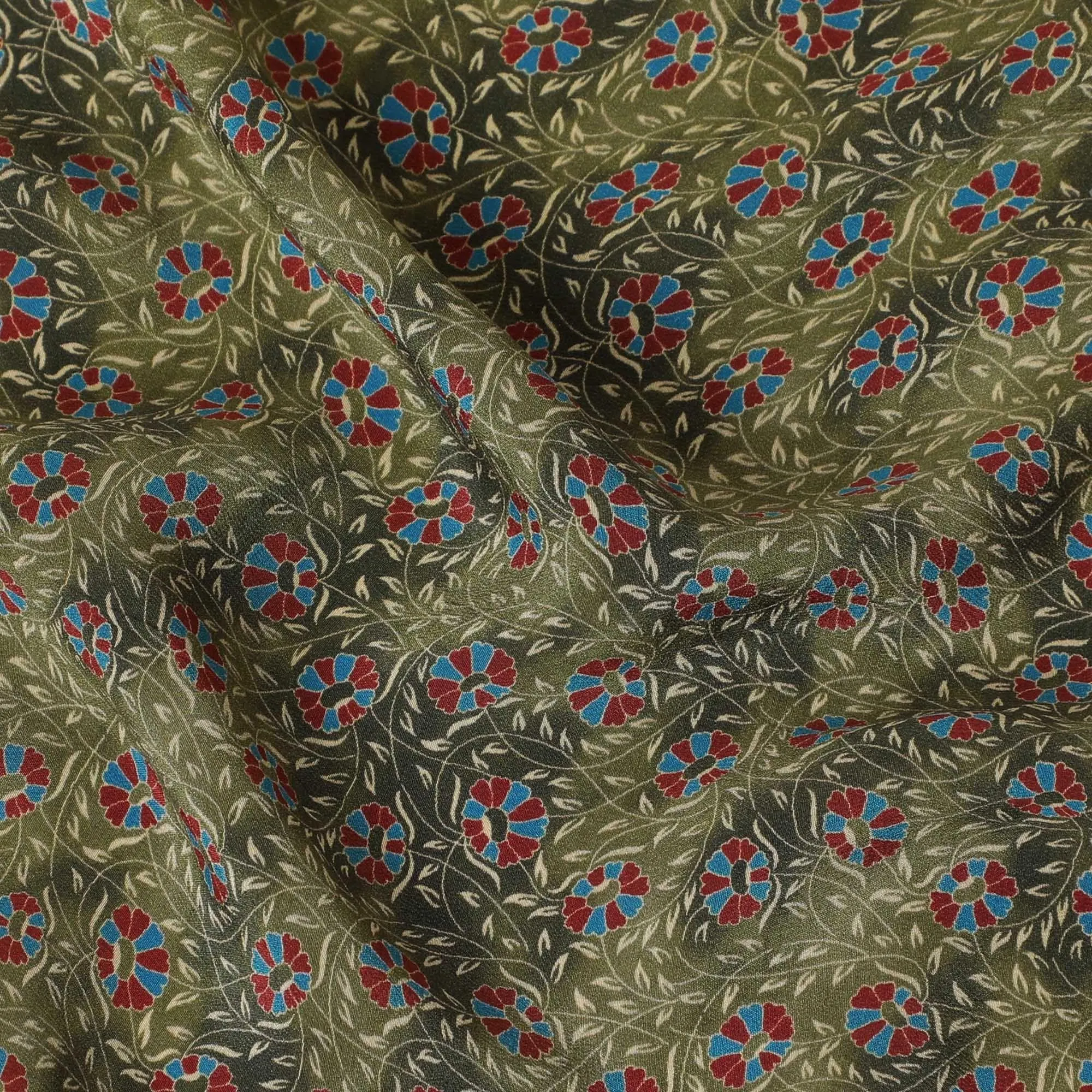 Mehindi green Premium pure silk crepe fabric with same tone, blue and pink print in floral design-D13854