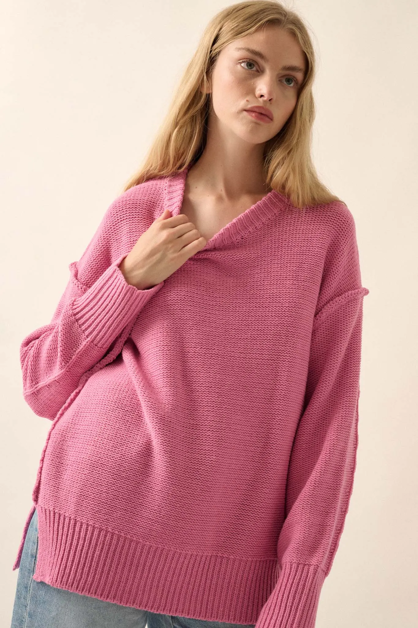 Mellow Mood Exposed-Seam Loose-Fit Sweater