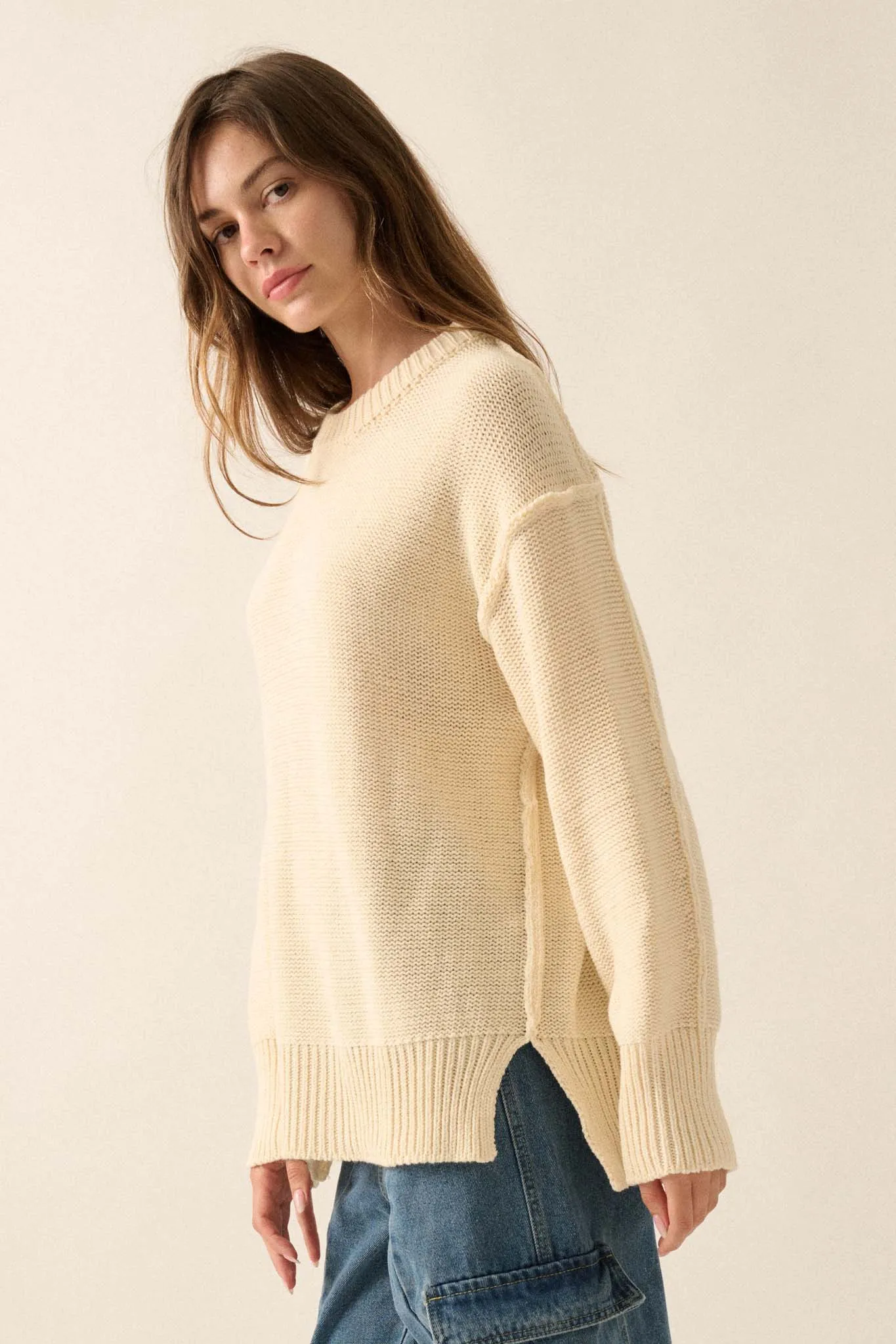 Mellow Mood Exposed-Seam Loose-Fit Sweater