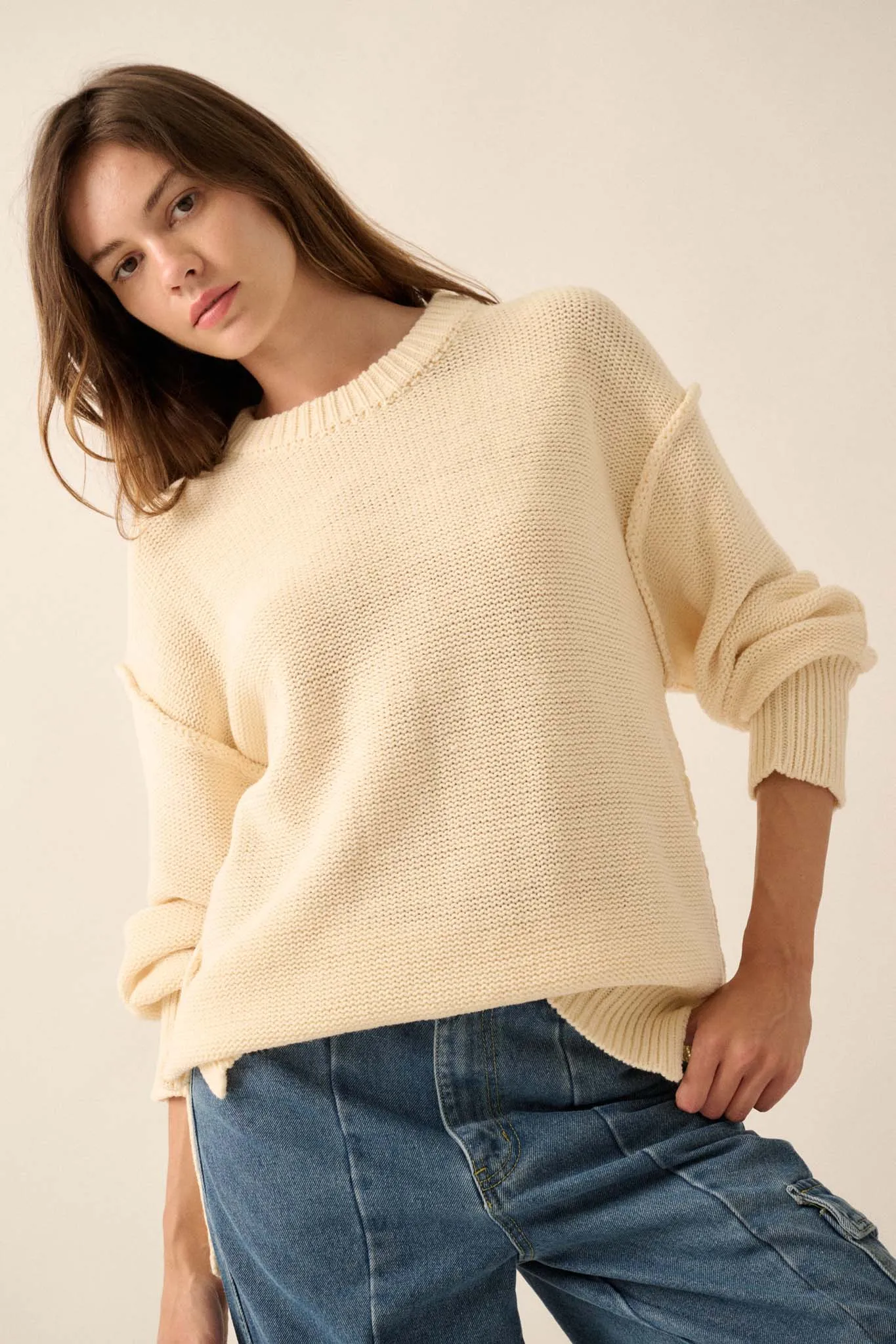 Mellow Mood Exposed-Seam Loose-Fit Sweater