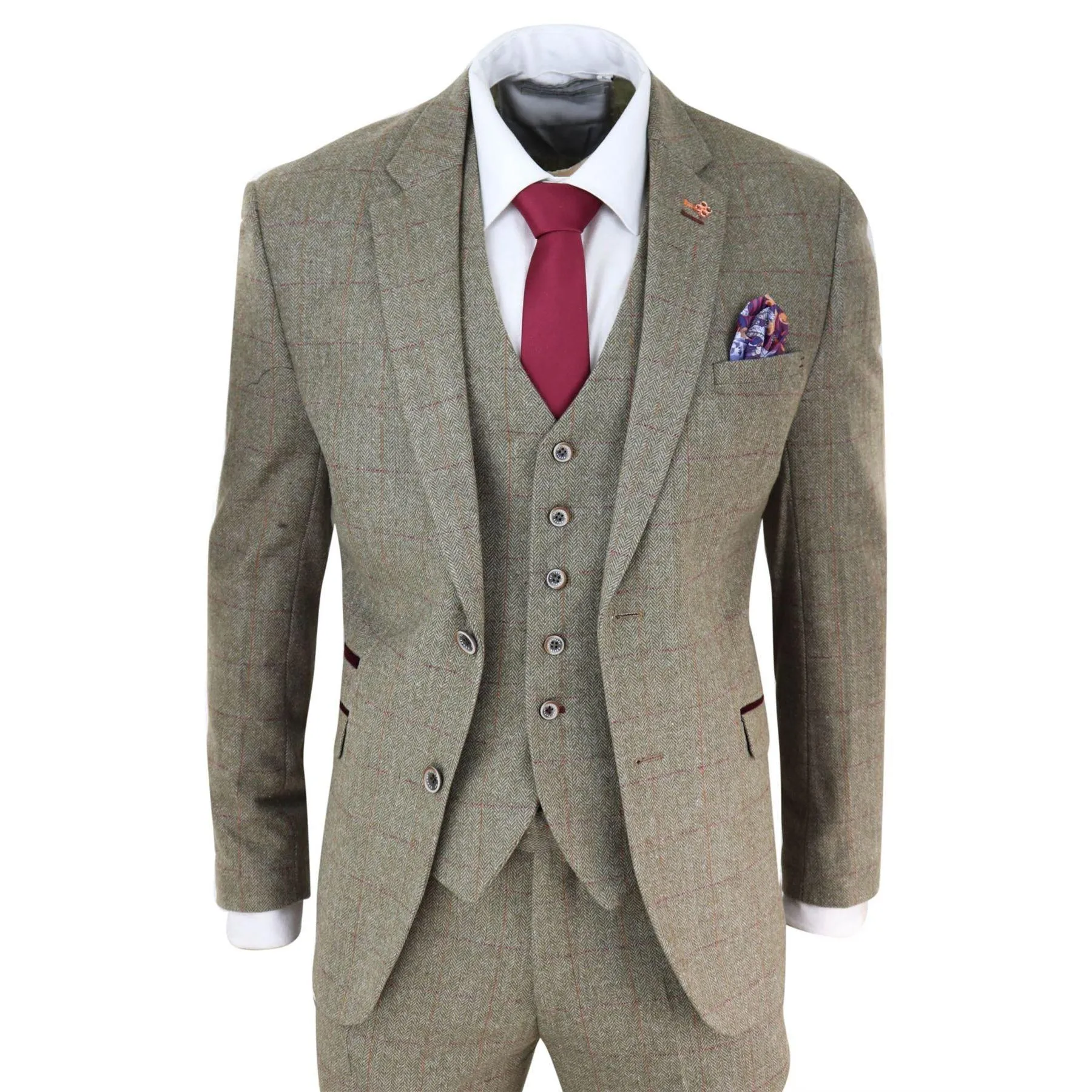 Mens Tweed Check Olive Green Wine Suit Tailored Fit Wedding