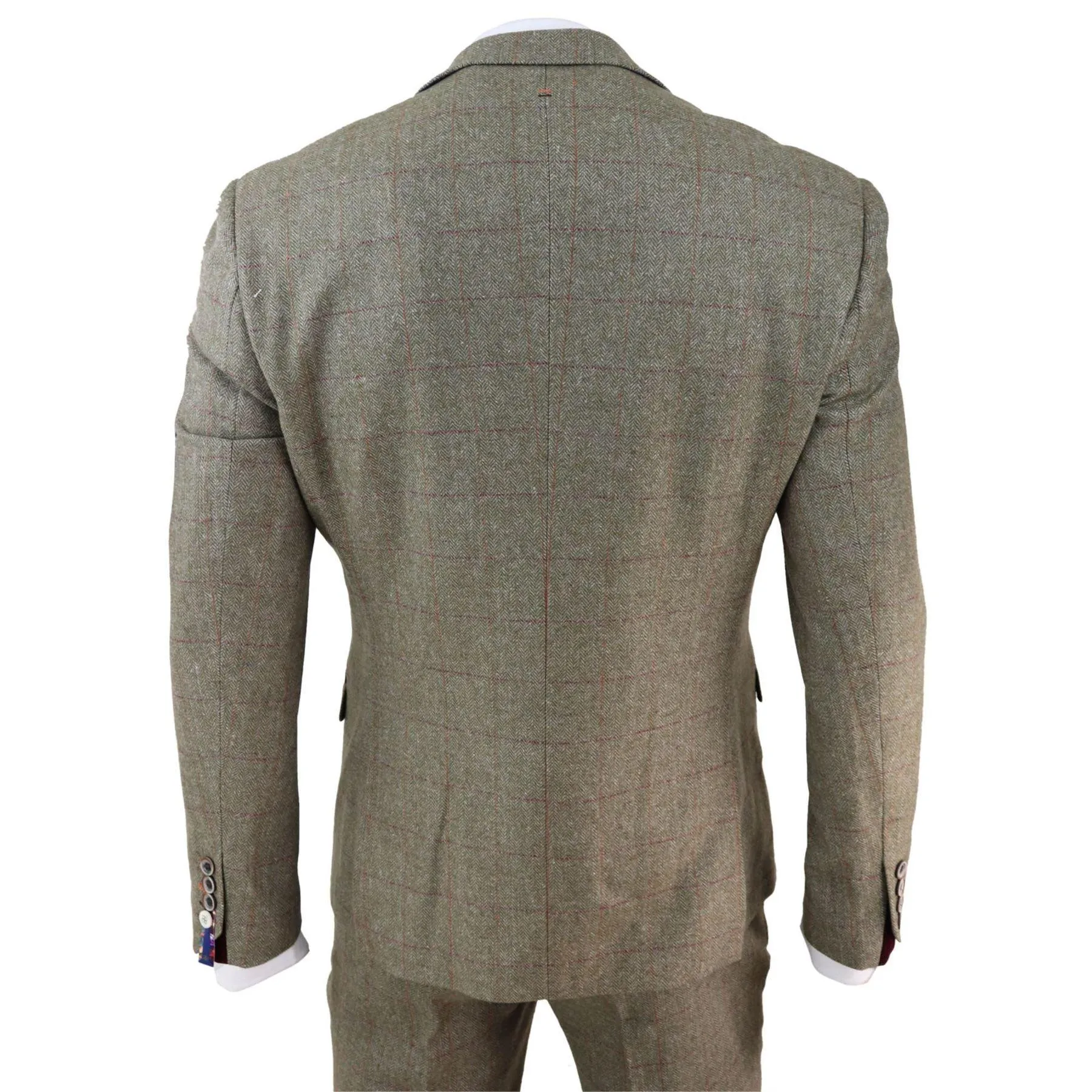 Mens Tweed Check Olive Green Wine Suit Tailored Fit Wedding