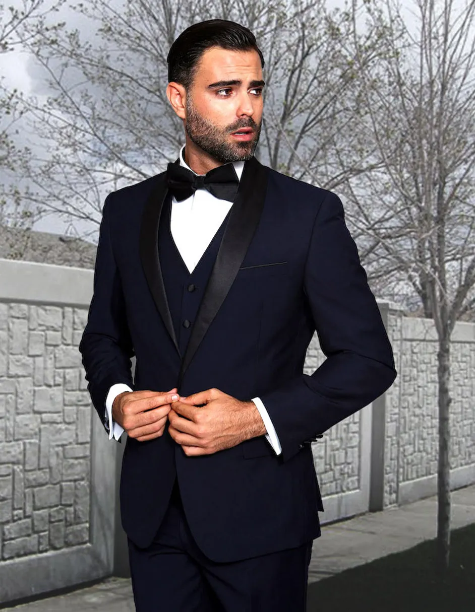 Mens Vested Shawl Lapel Wool Tuxedo in Navy Blue