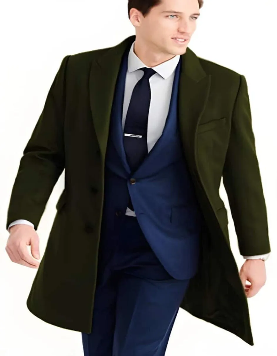 Mens Wool Carcoat - Olive Green Three Quarter Peak Lapel Topcoat