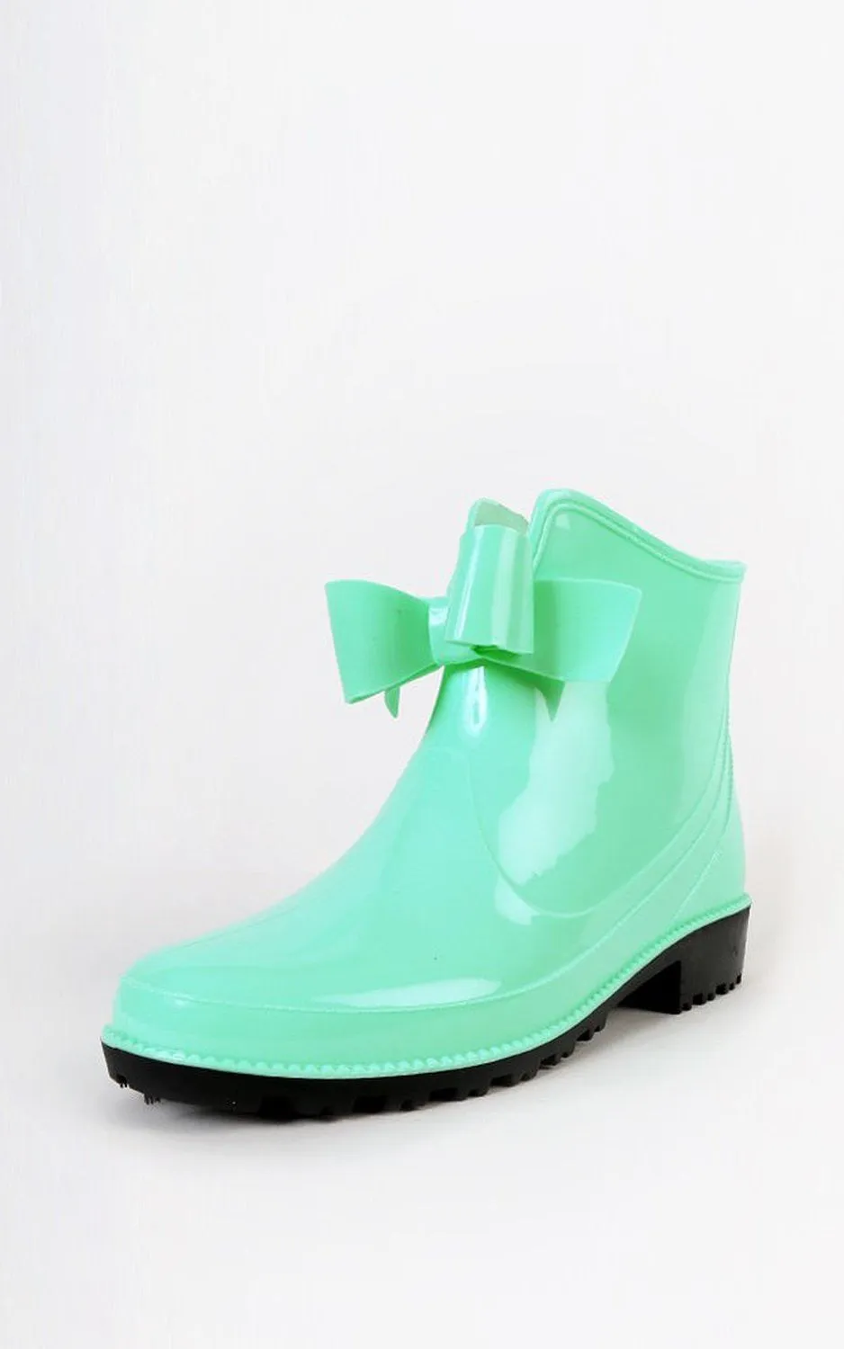 Mint or Pink Bow Detailed Rubber Wet Weather Wellies Ankle Rainboots