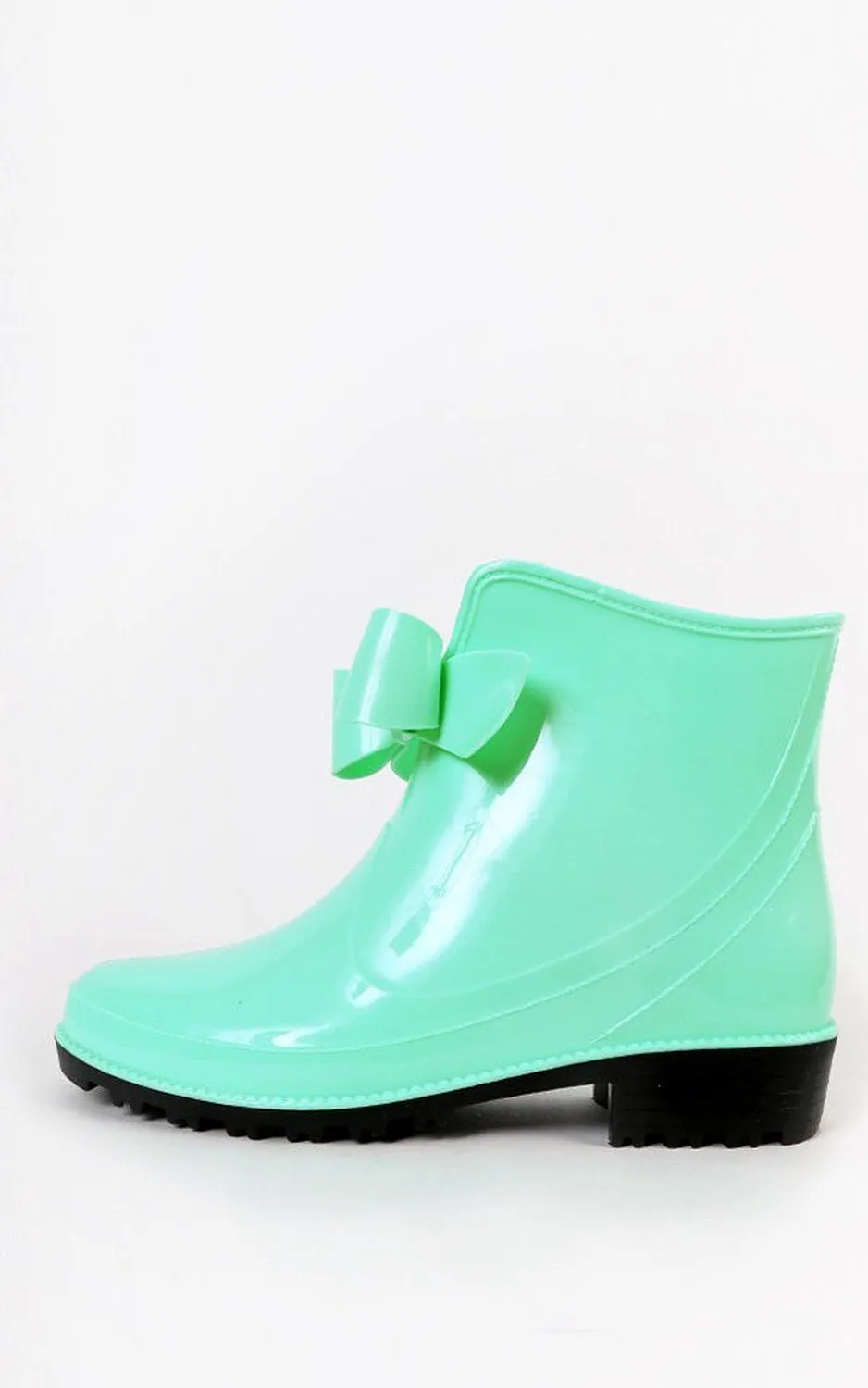 Mint or Pink Bow Detailed Rubber Wet Weather Wellies Ankle Rainboots