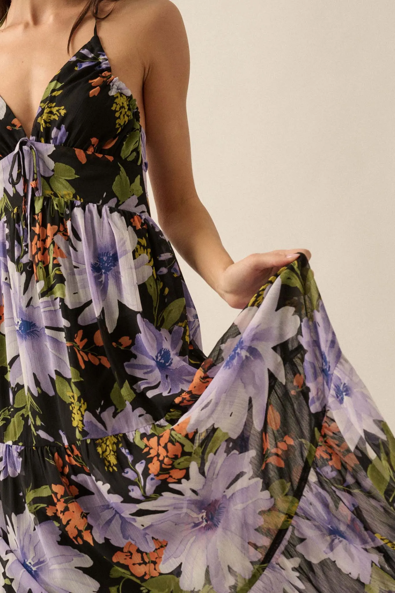 Moon Garden Floral Chiffon Tie-Back Maxi Dress