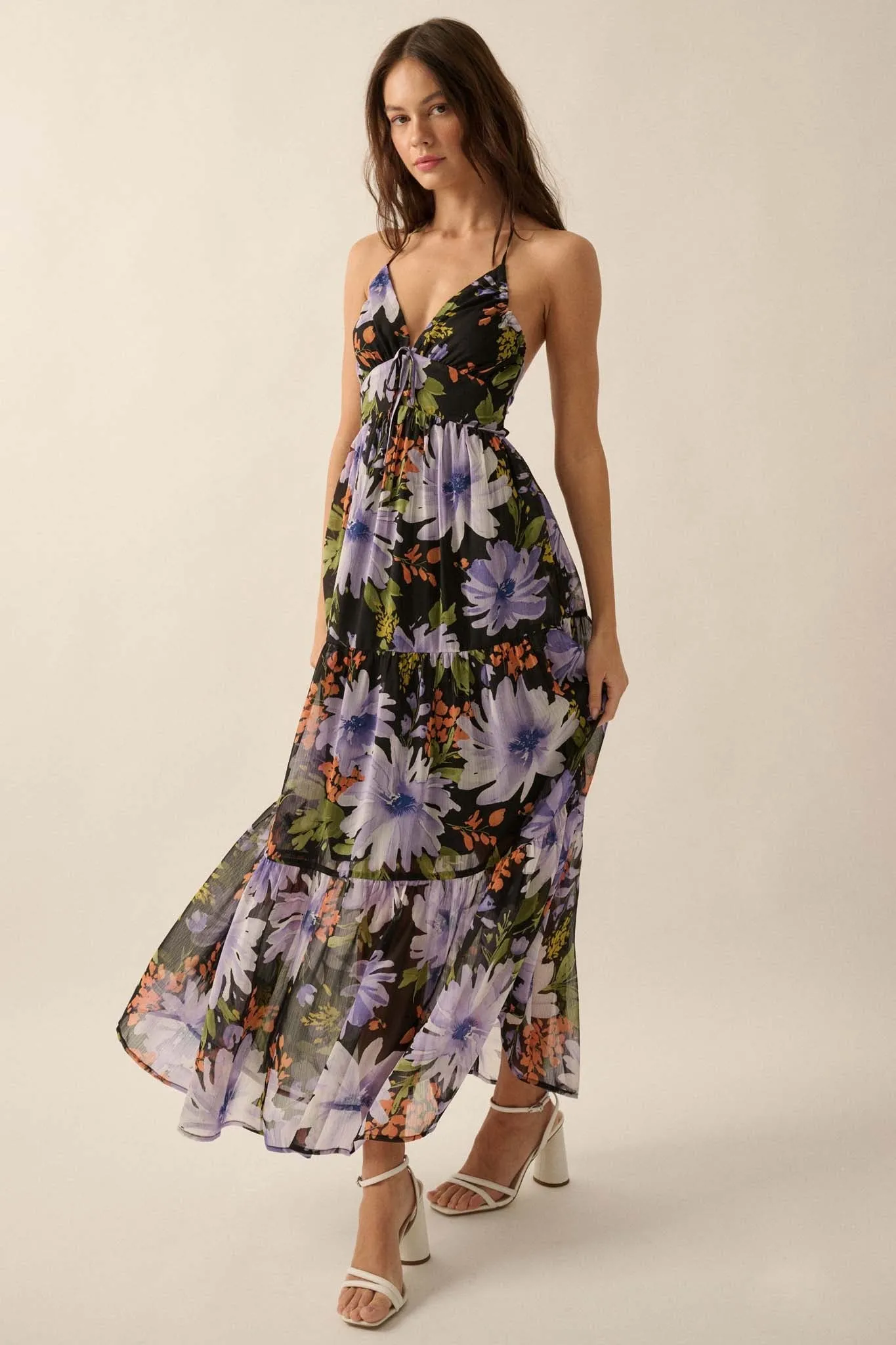 Moon Garden Floral Chiffon Tie-Back Maxi Dress