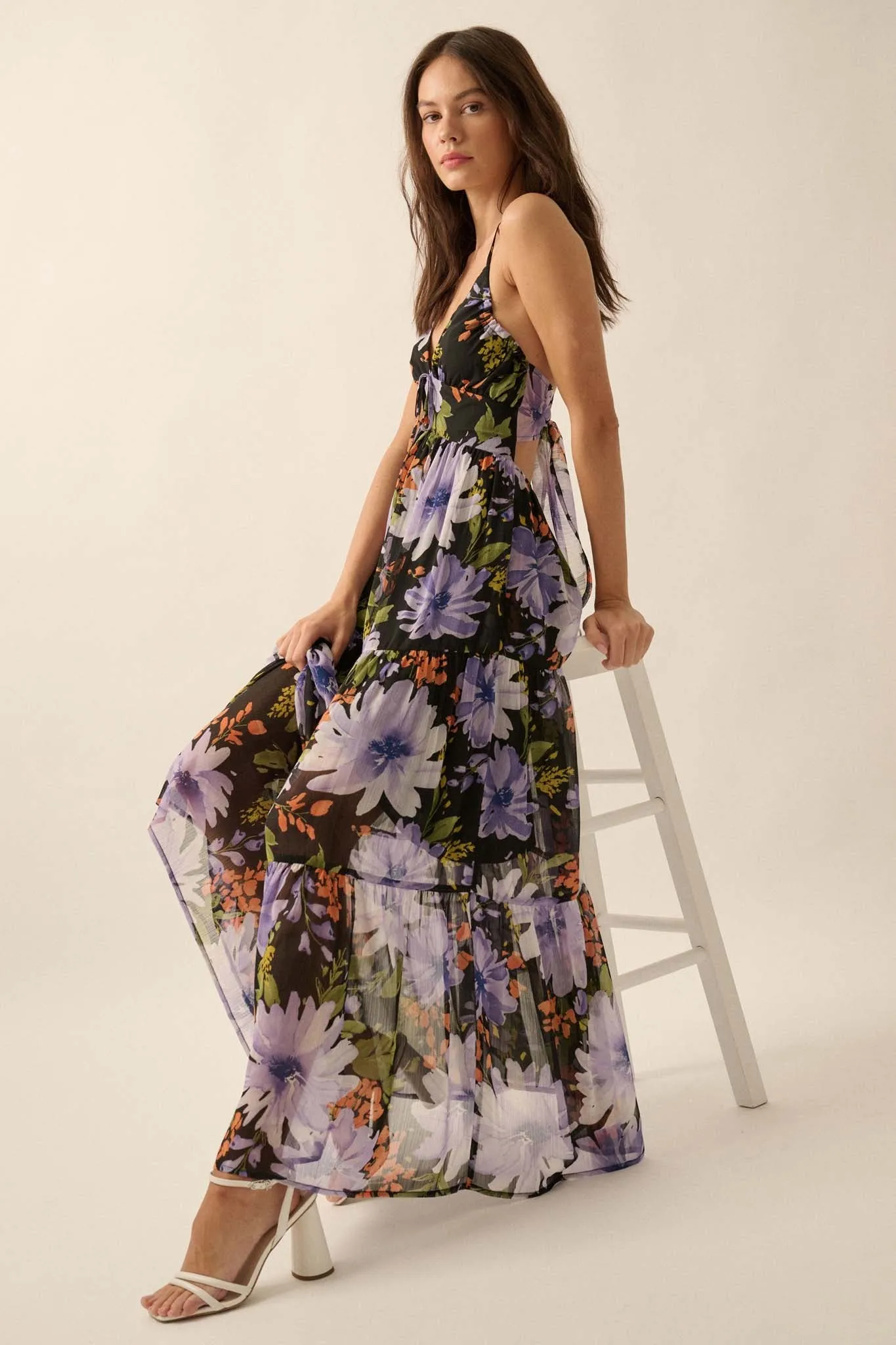 Moon Garden Floral Chiffon Tie-Back Maxi Dress