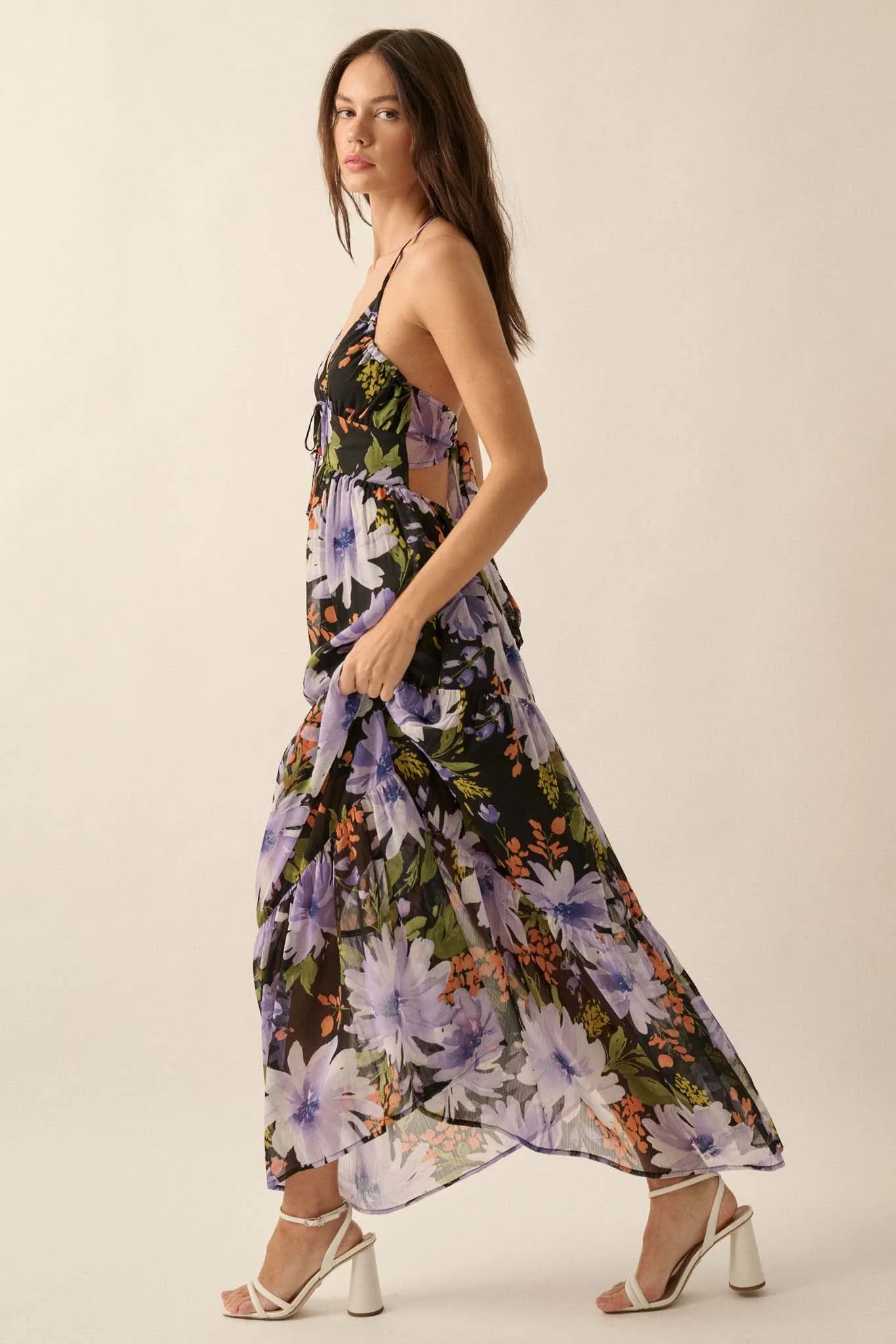 Moon Garden Floral Chiffon Tie-Back Maxi Dress