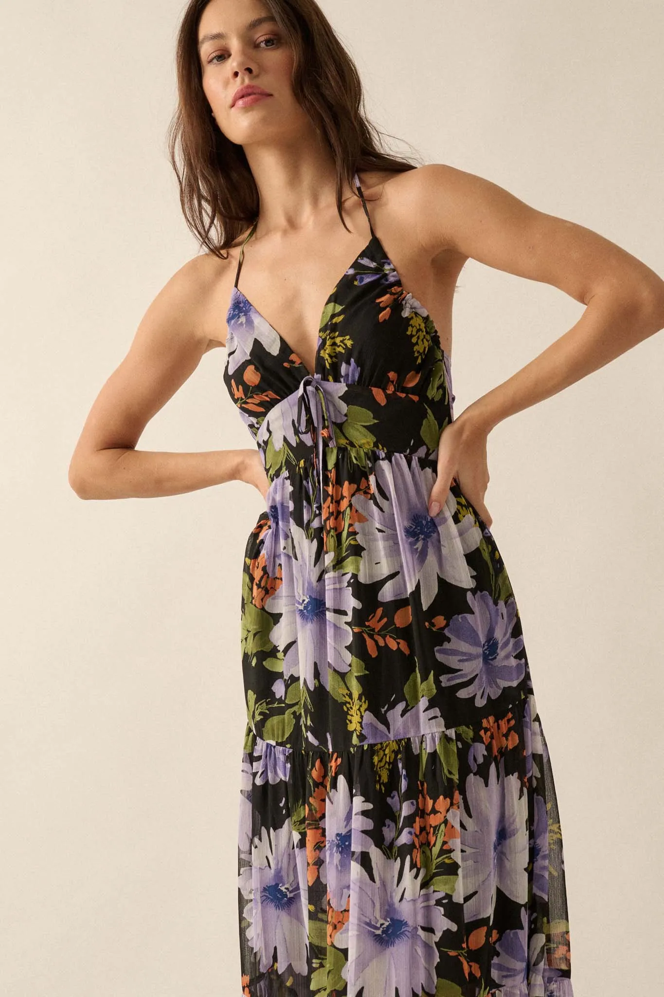 Moon Garden Floral Chiffon Tie-Back Maxi Dress