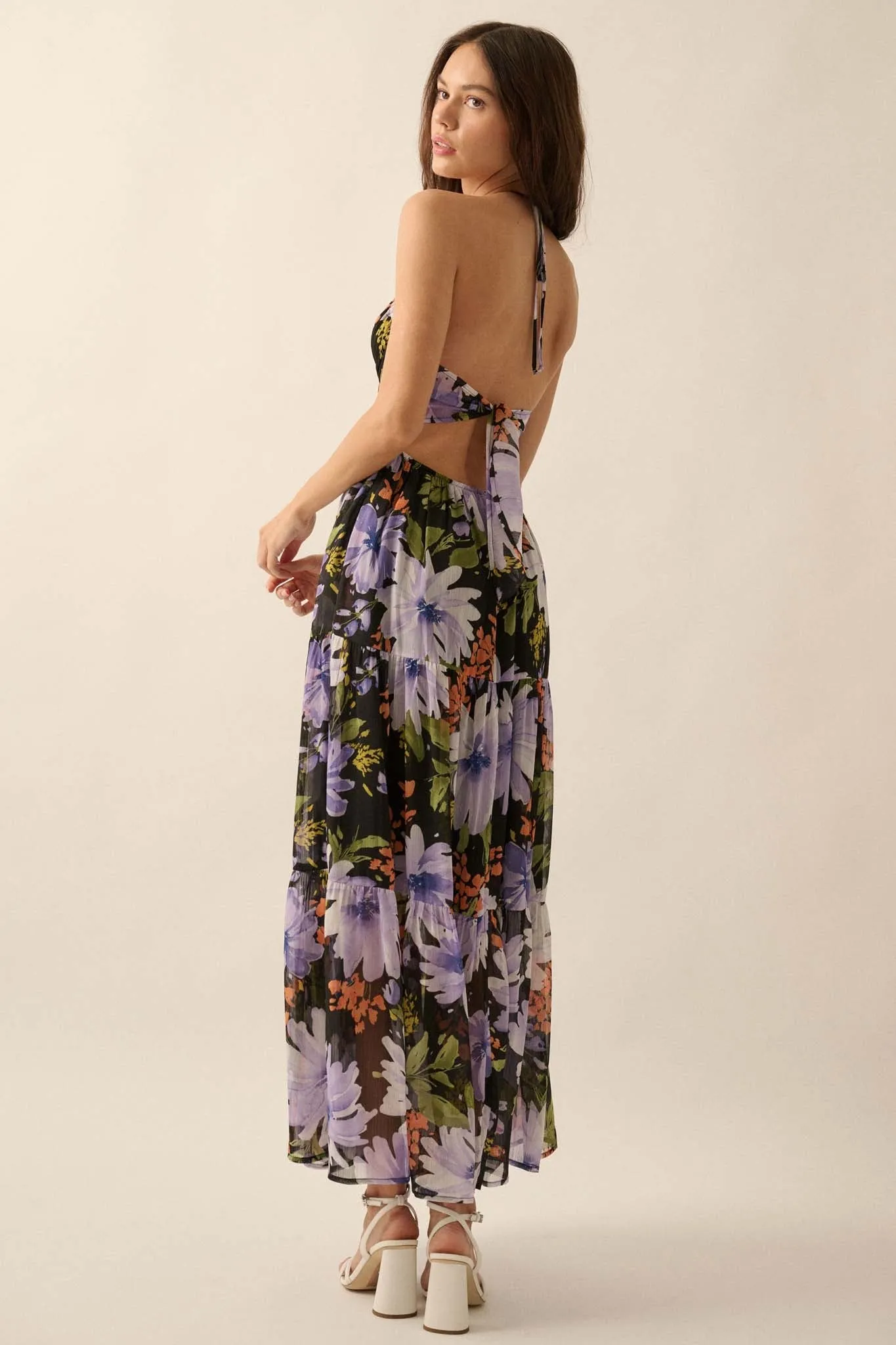 Moon Garden Floral Chiffon Tie-Back Maxi Dress