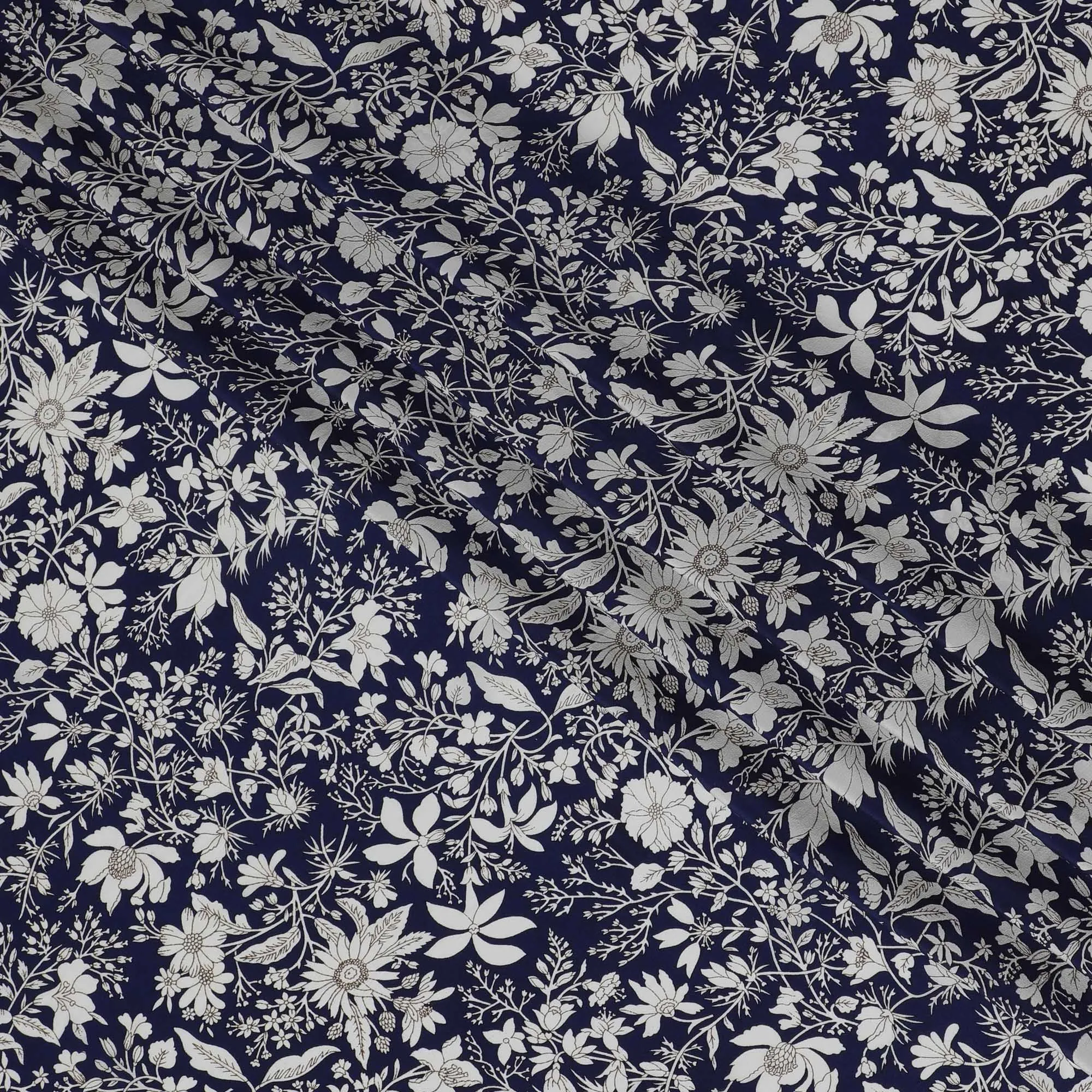 Navy & White Botanical Print Pure Silk Crepe Fabric - Timeless Elegance, 110cm Width, Crafted in India - Buy Online by the Meter-D18031