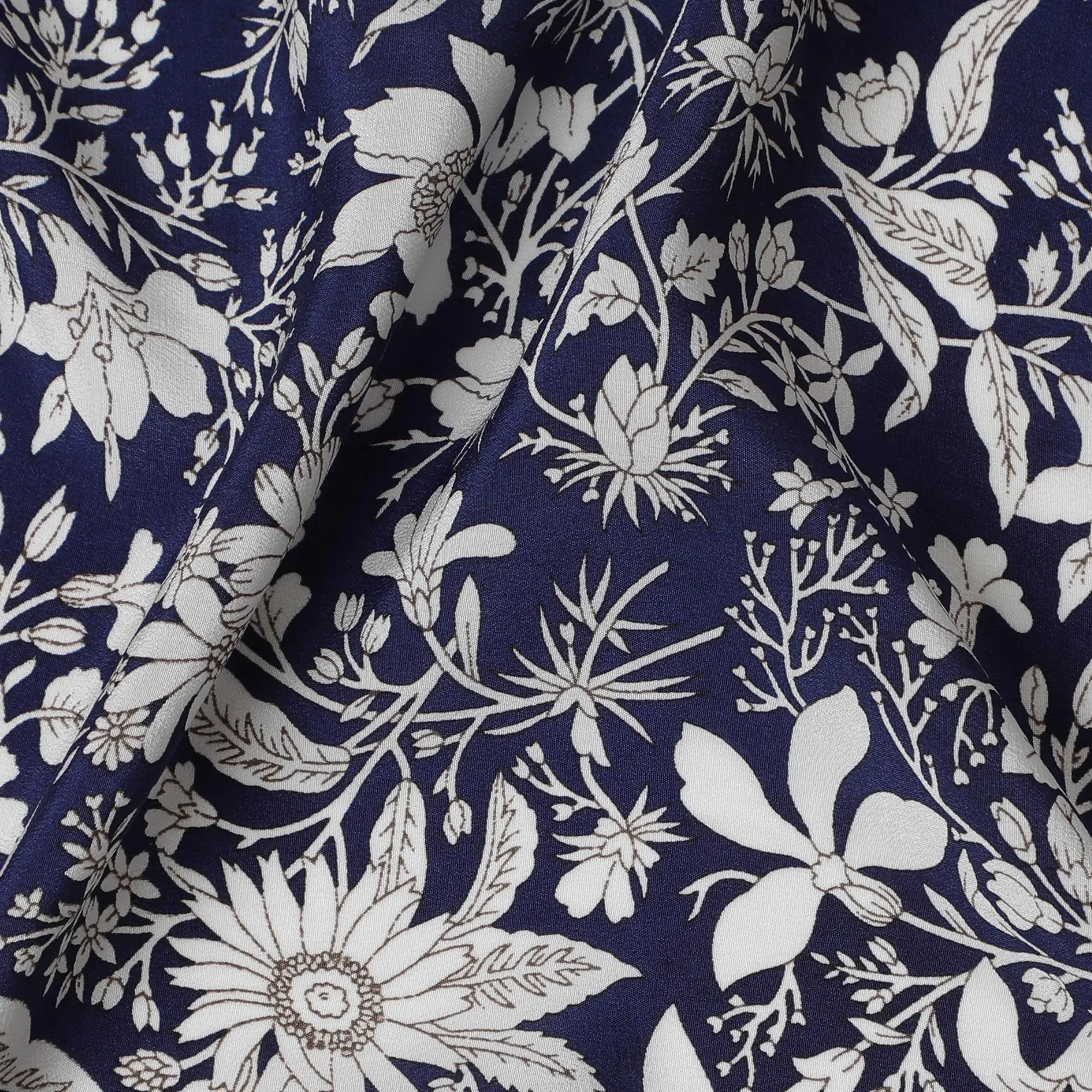 Navy & White Botanical Print Pure Silk Crepe Fabric - Timeless Elegance, 110cm Width, Crafted in India - Buy Online by the Meter-D18031