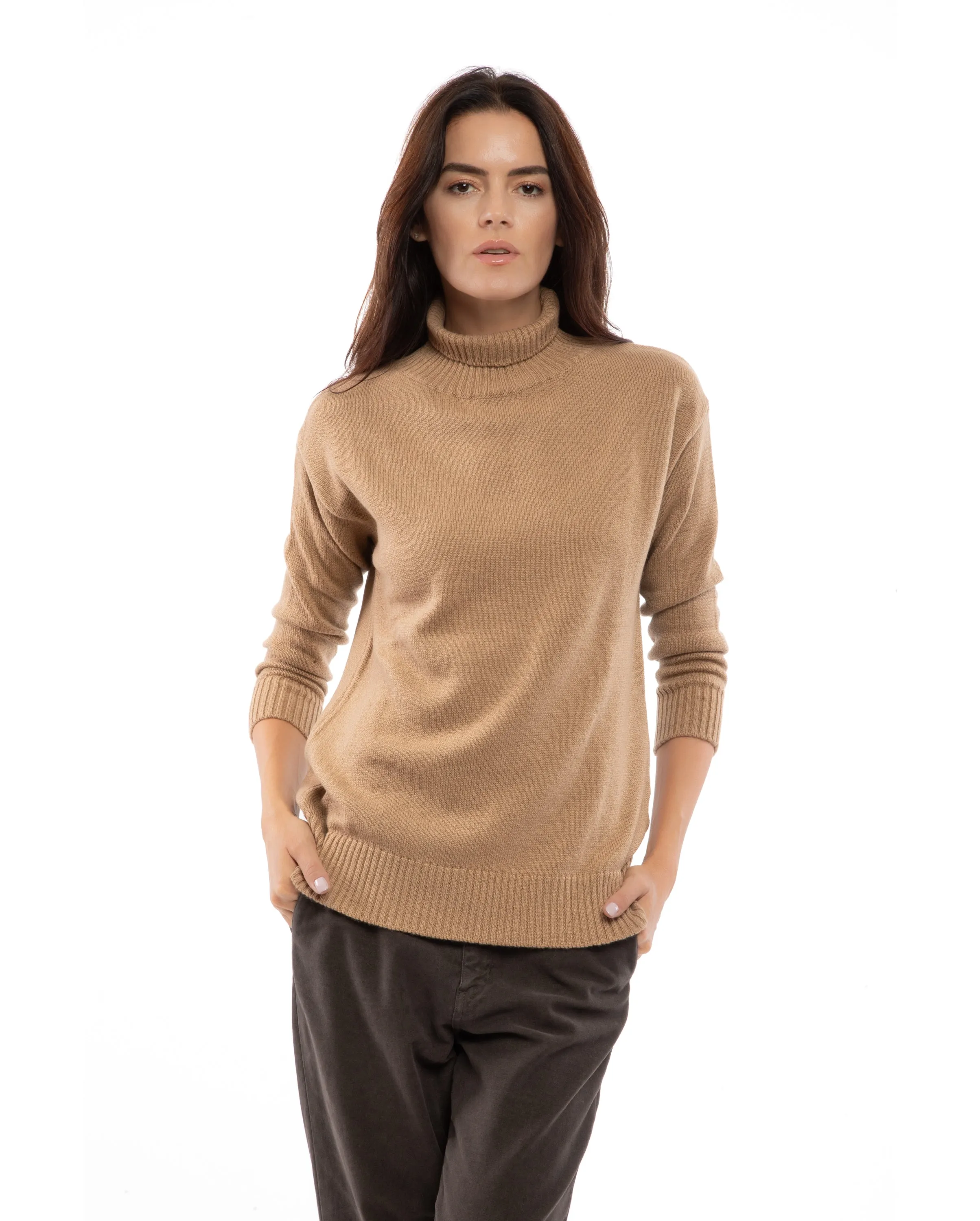 NEW FALL 24 - Women's Wool & Cashmere Funnel Neck Sweater Camel