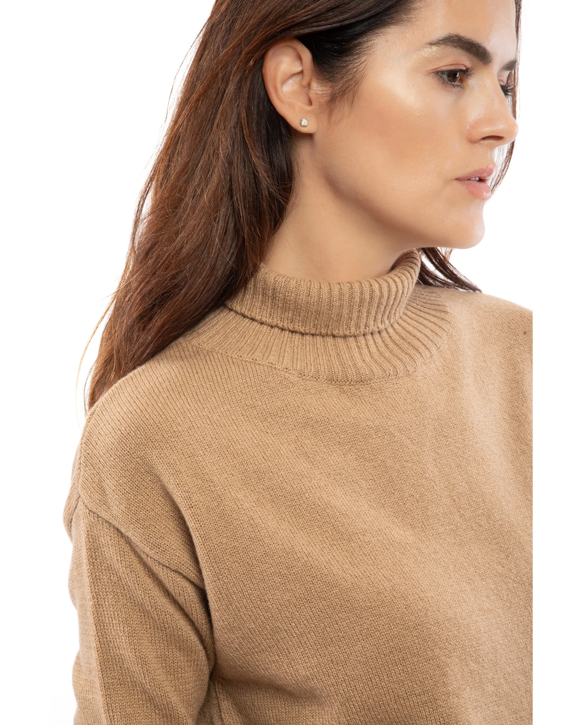 NEW FALL 24 - Women's Wool & Cashmere Funnel Neck Sweater Camel