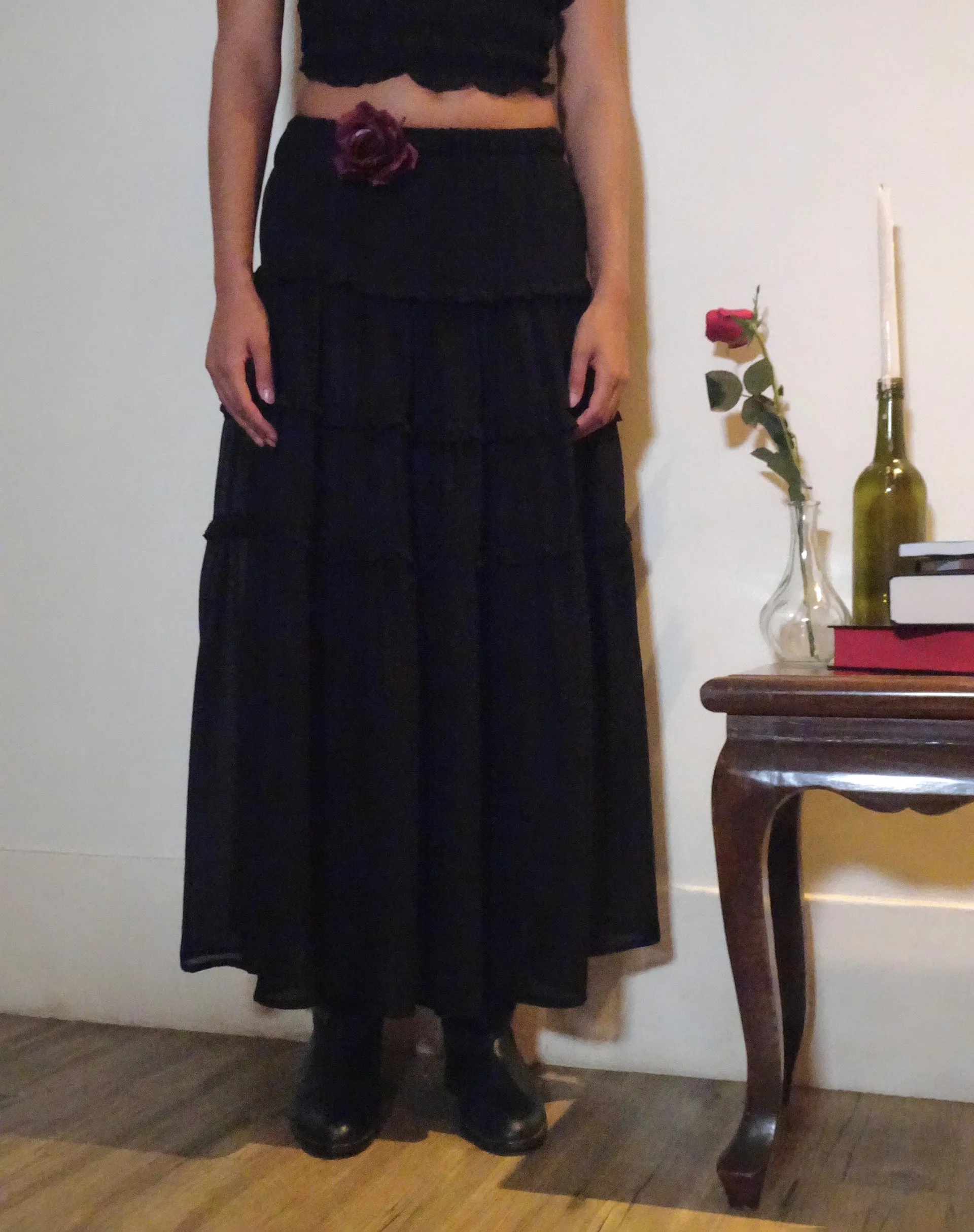 Norah Tiered Maxi Skirt in Black Chiffon