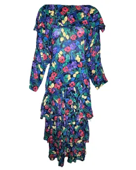 Norma Kamali Late 80s Multicolor Florals Rayon 2 Piece Ensemble