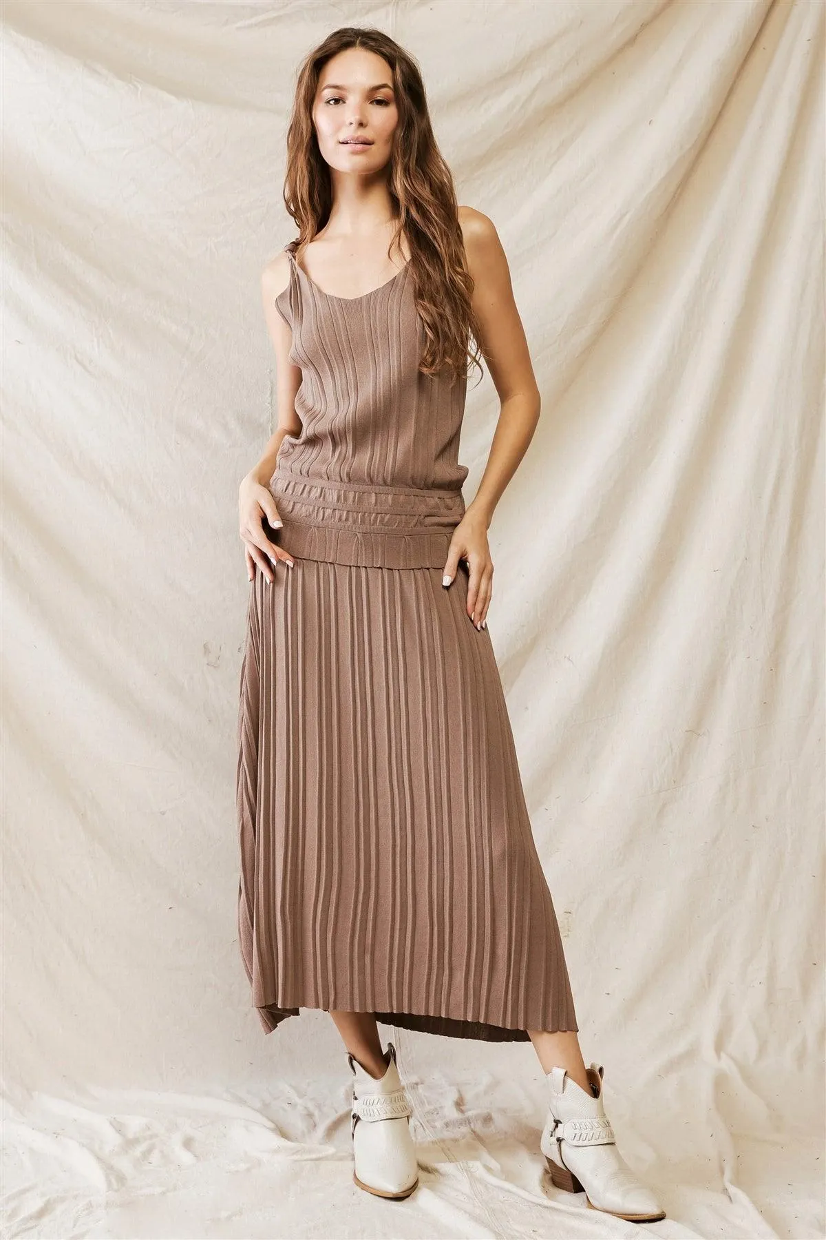 Nude Plaid Viscose High Waist Midi Skirt & Sleeveless Top Set /2-2-1