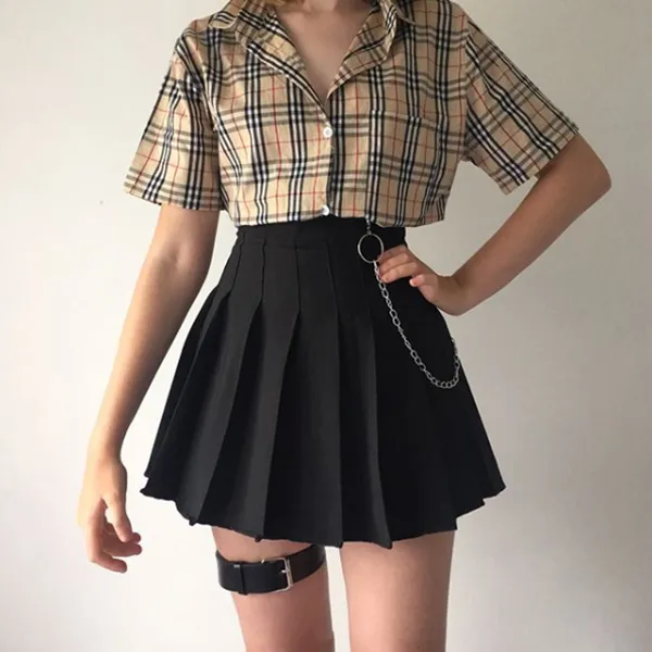 Plaid Shirt   High Waist Skirt Set AD10068