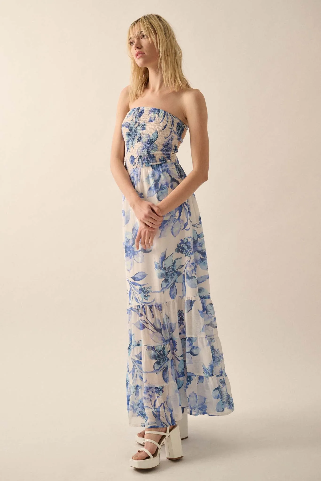 Radiant Garden Floral Chiffon Strapless Maxi Dress