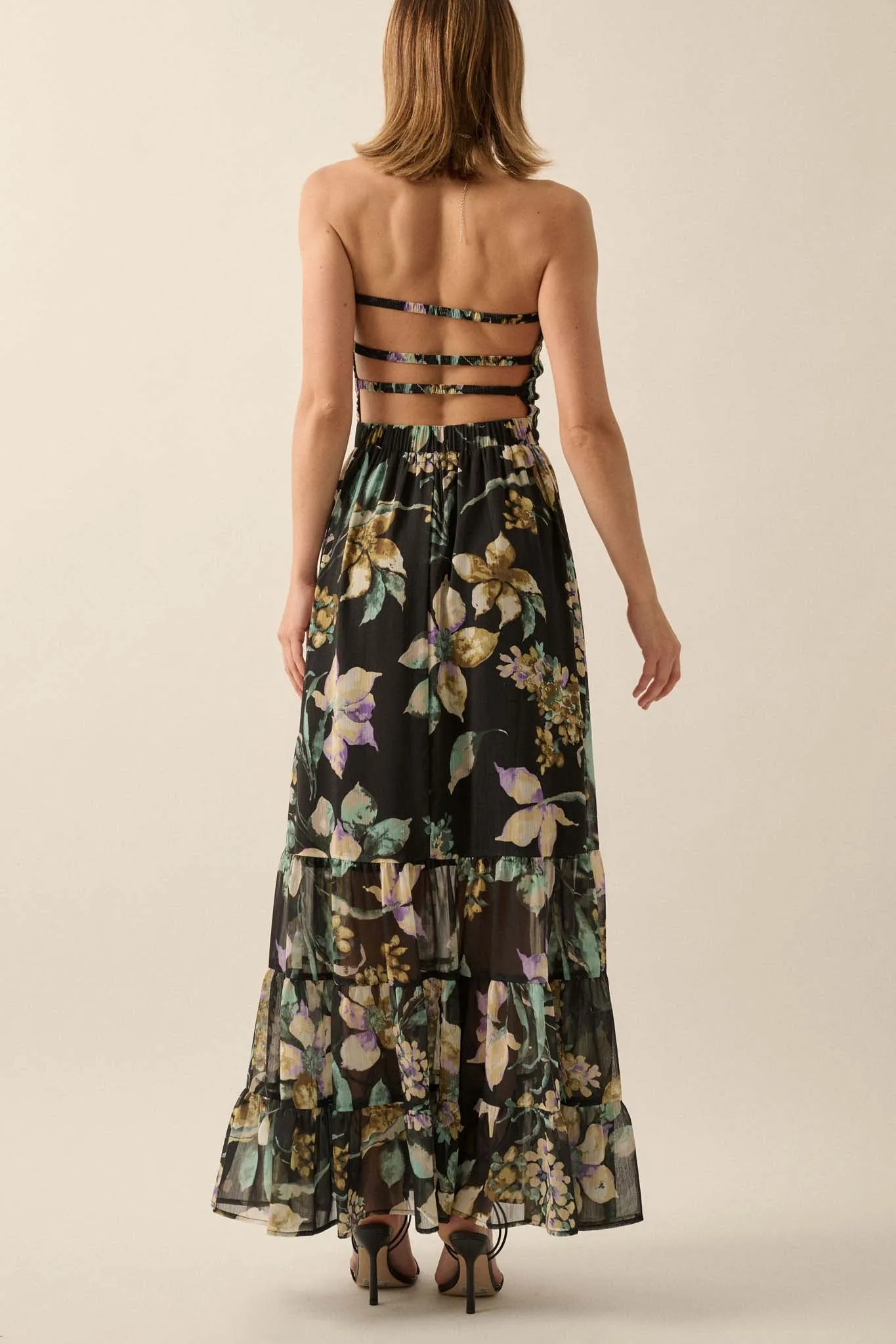 Radiant Garden Floral Chiffon Strapless Maxi Dress