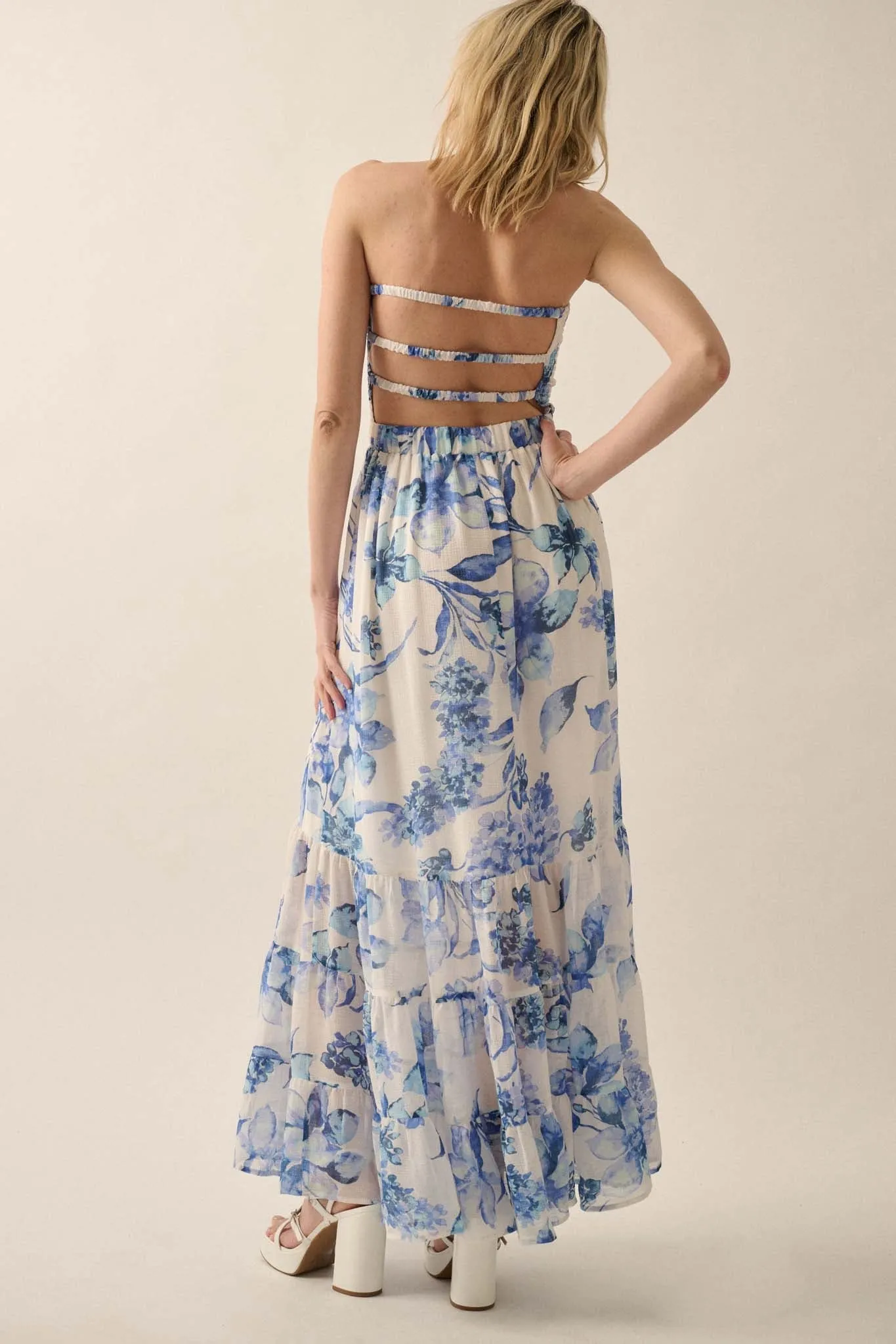 Radiant Garden Floral Chiffon Strapless Maxi Dress