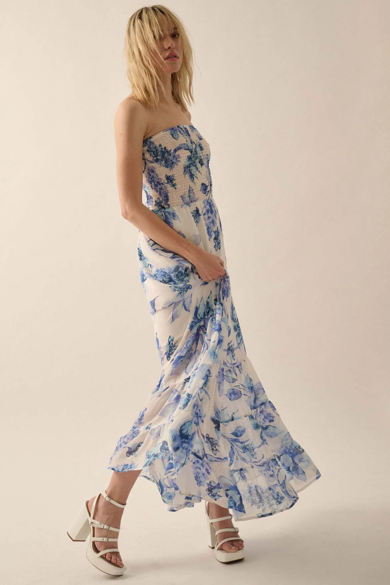 Radiant Garden Floral Chiffon Strapless Maxi Dress