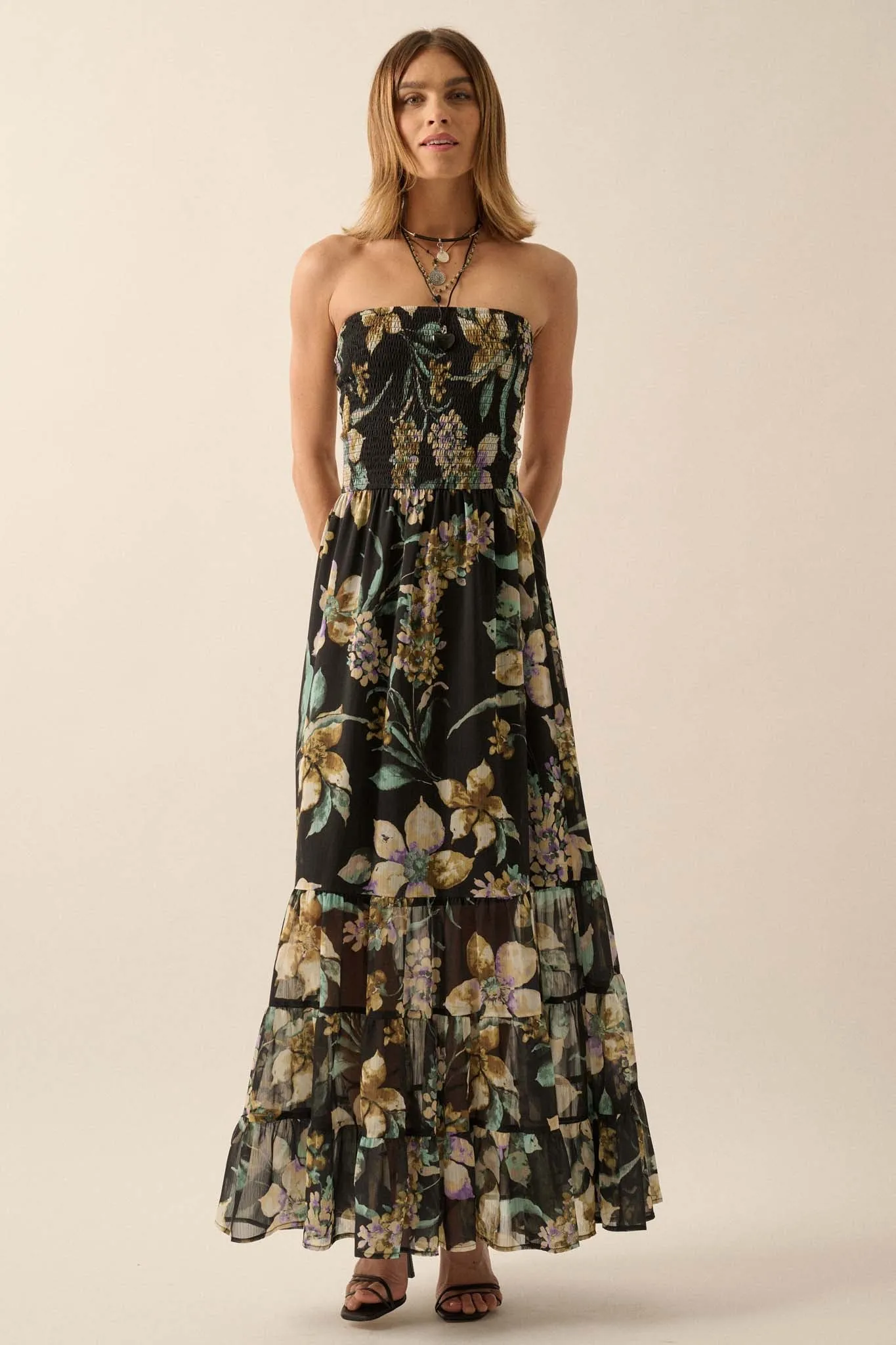 Radiant Garden Floral Chiffon Strapless Maxi Dress